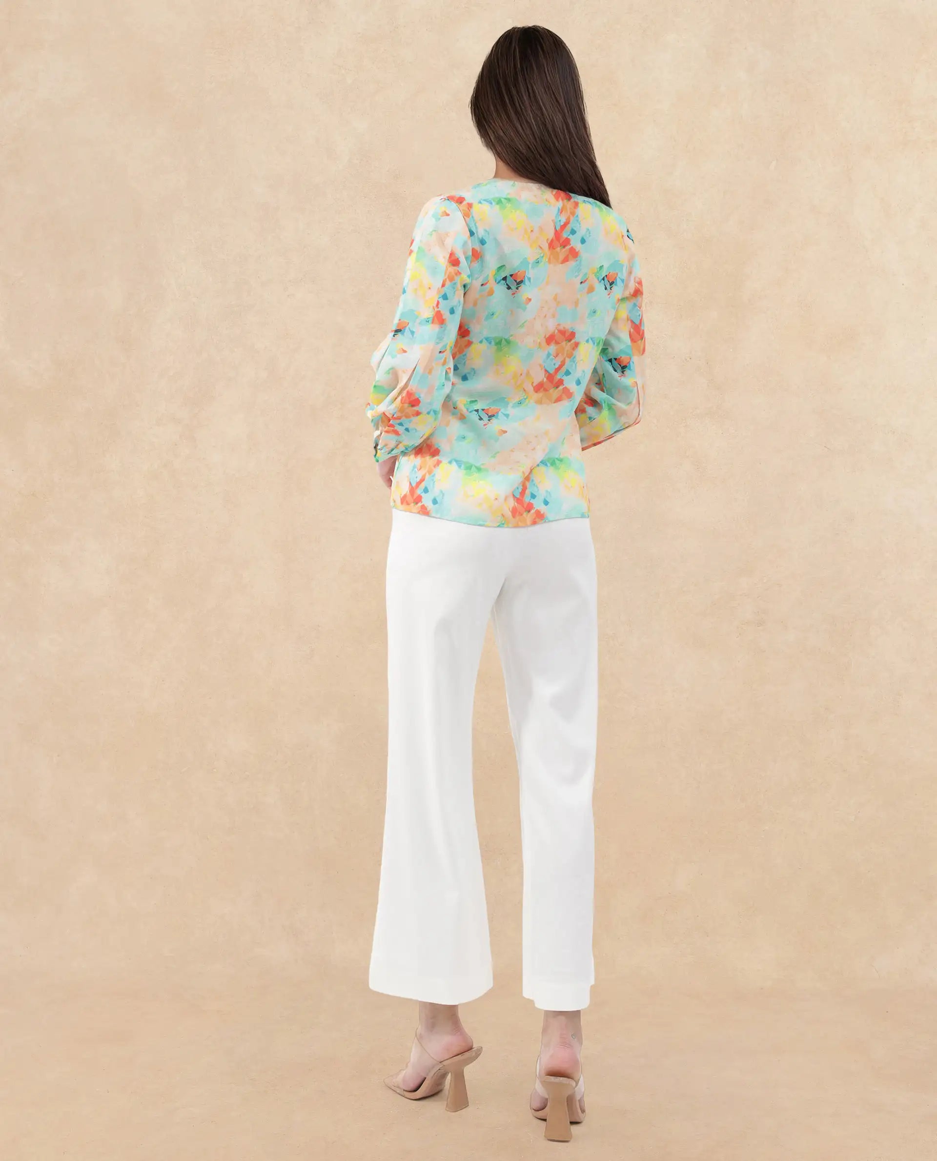 Rareism Women Deimos-SC Flouroscent Multi Linen Fabric Full Sleeve V-Neck Button Closure Geometric Print Regular Fit Top