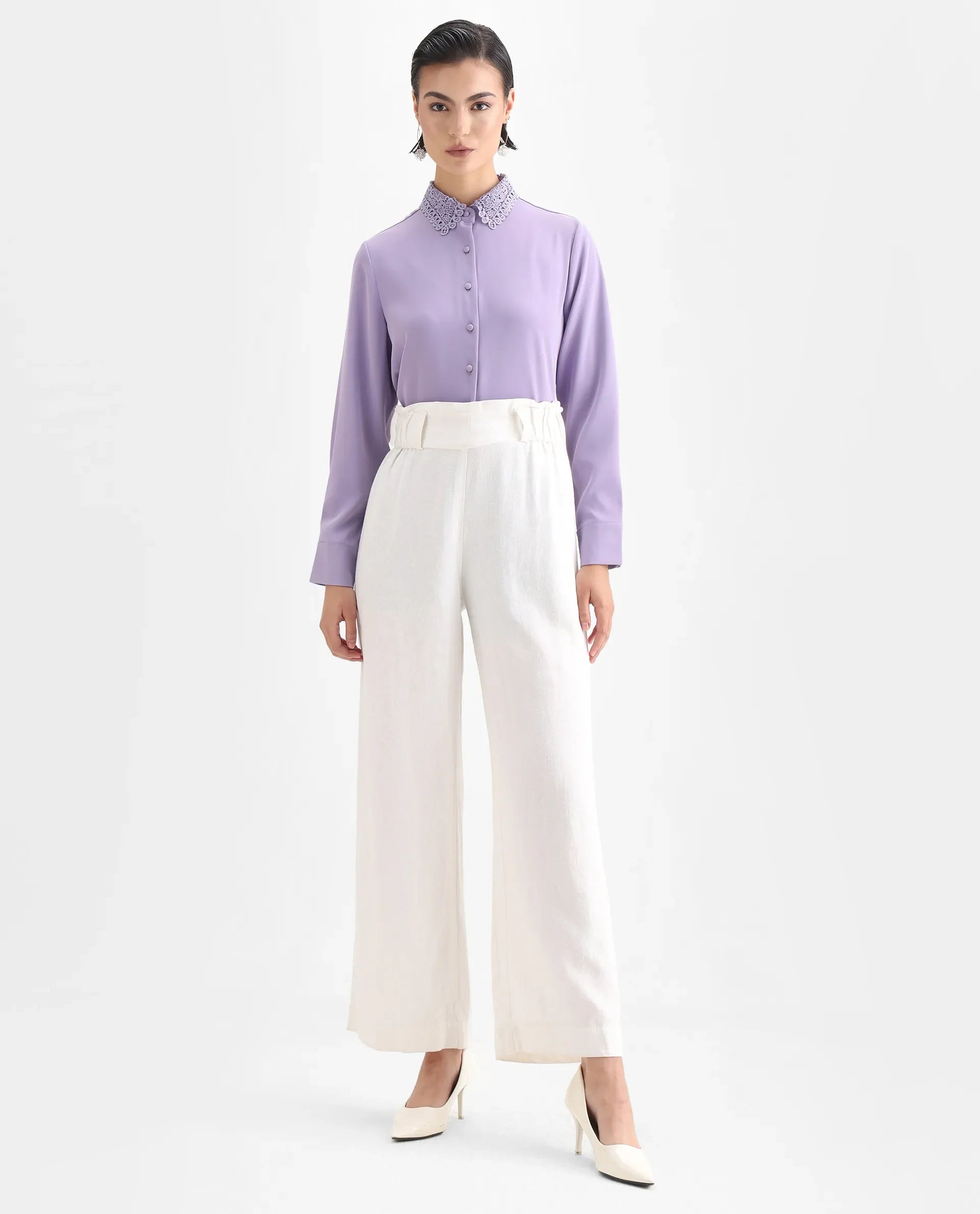 Rareism Women's Dejon Dusky Lavender Polyester Spread Collar Plain Cuffed Sleeve Regular Fit Shirt