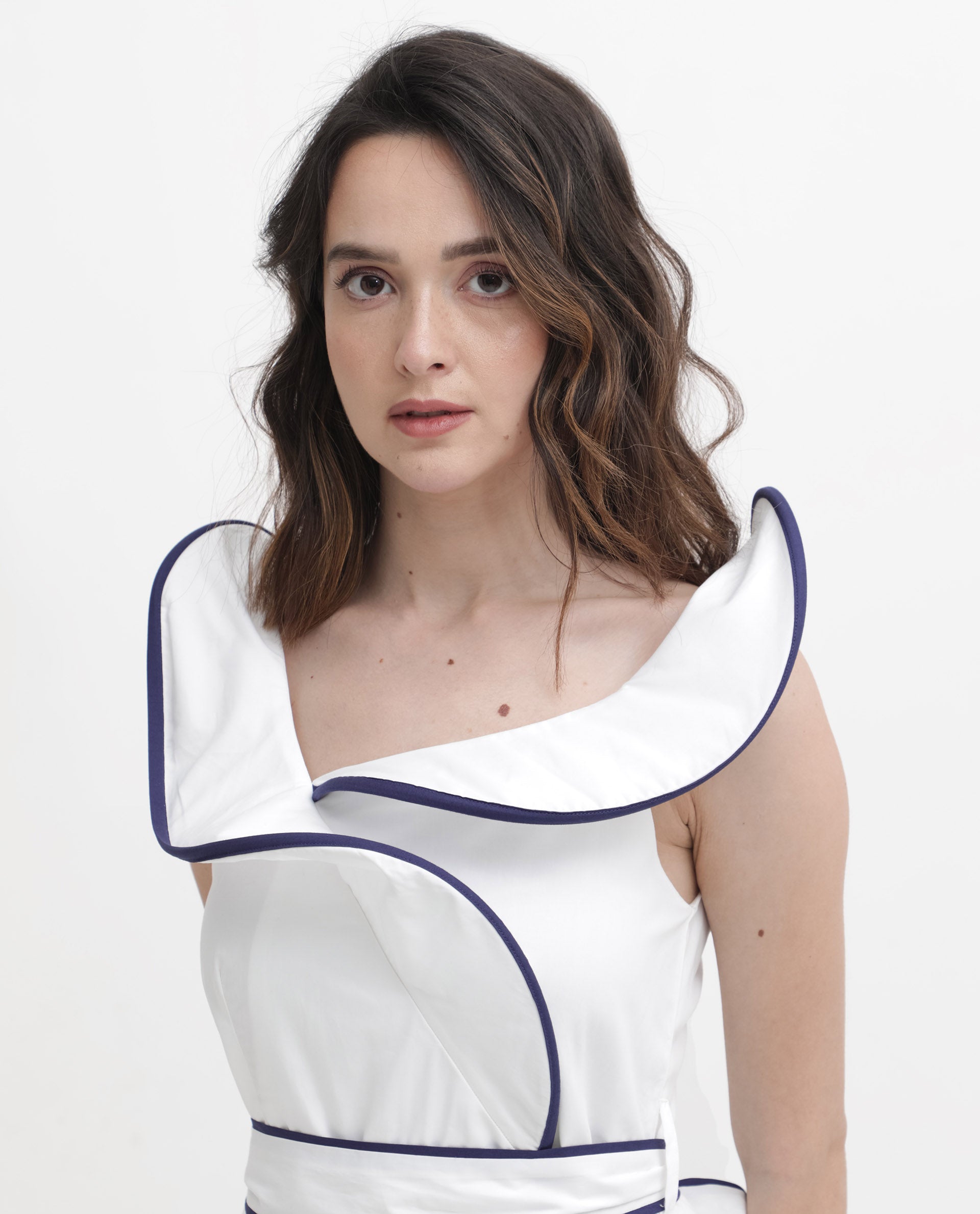 Rareism Women Demono White Cotton Fabric Sleeveless Collared Neck Solid Longline Dress