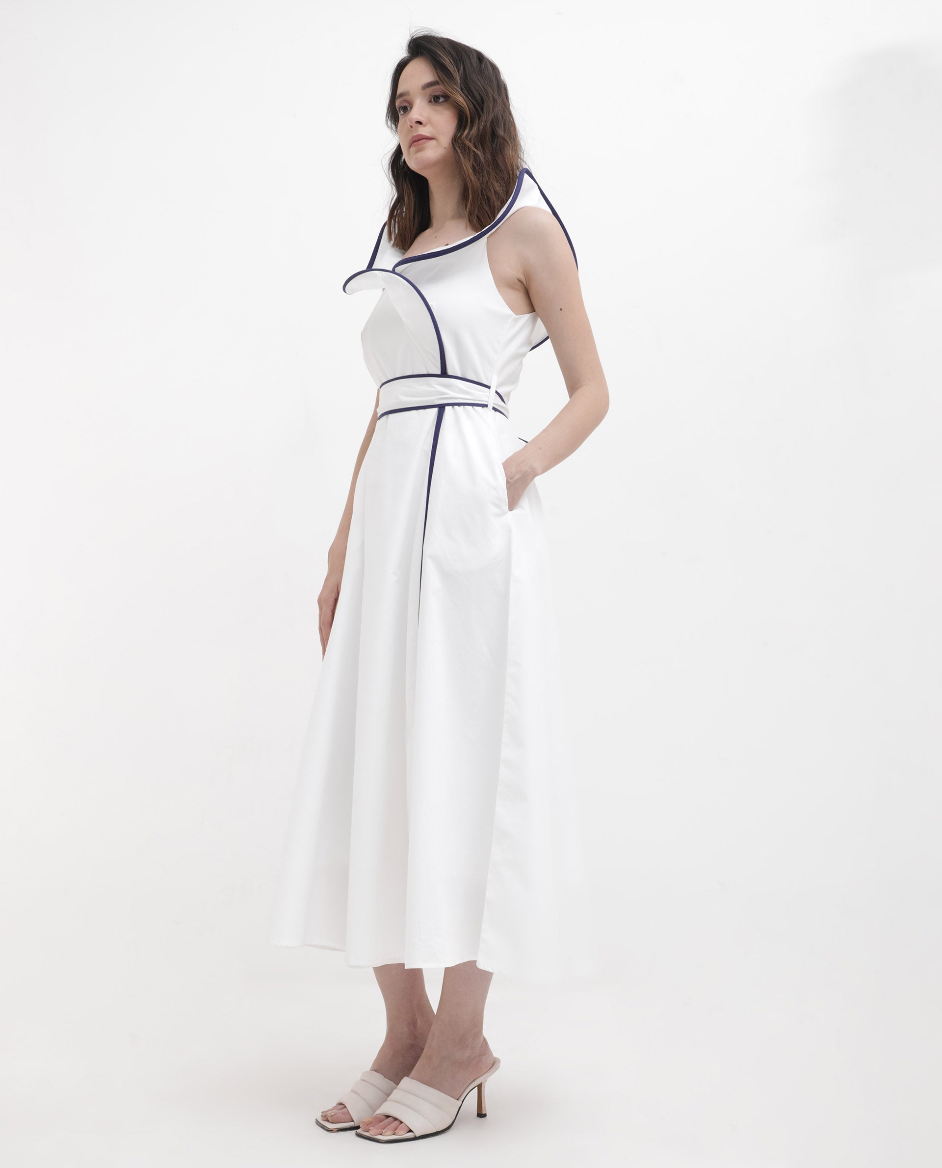 Rareism Women Demono White Cotton Fabric Sleeveless Collared Neck Solid Longline Dress