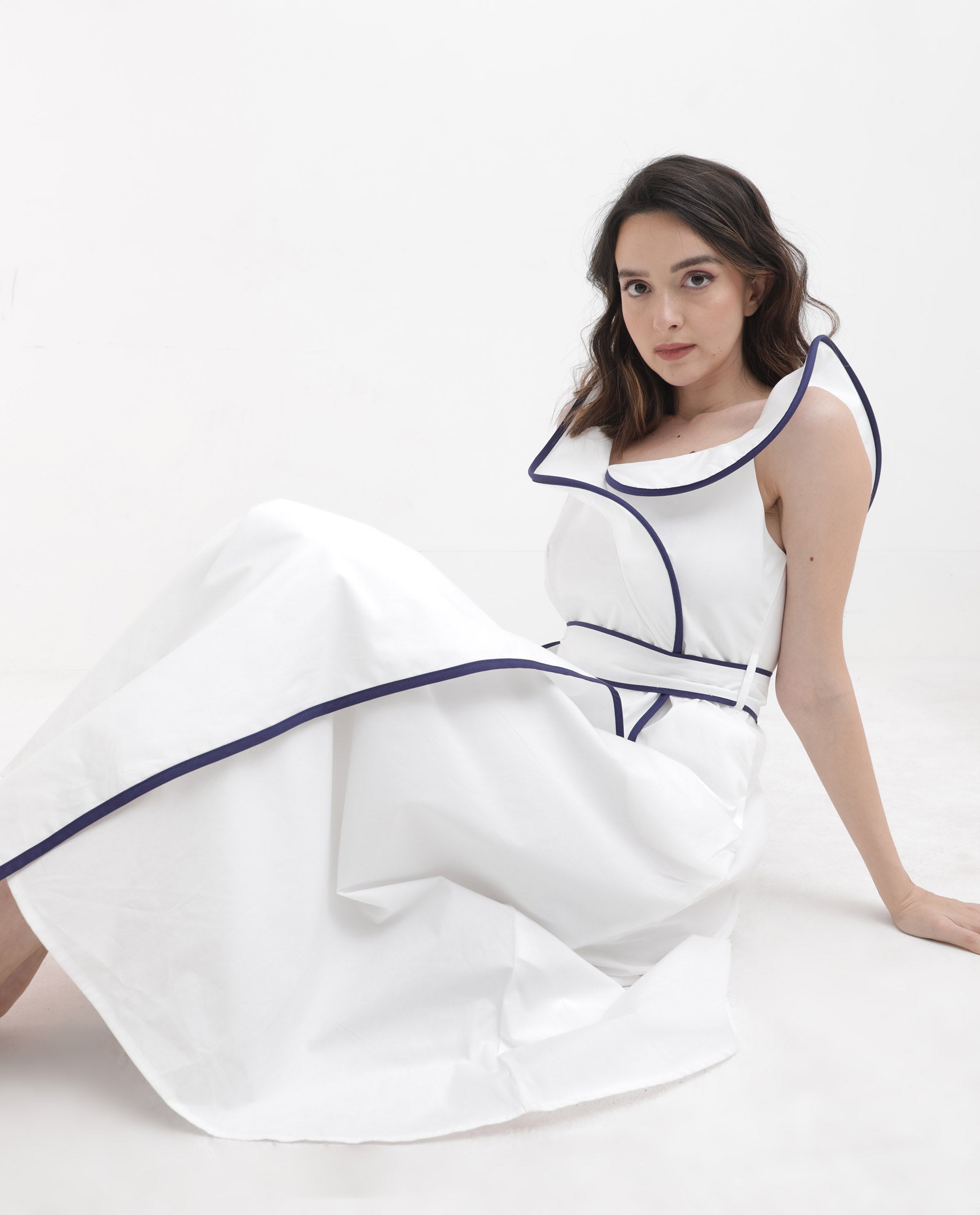 Rareism Women Demono White Cotton Fabric Sleeveless Collared Neck Solid Longline Dress