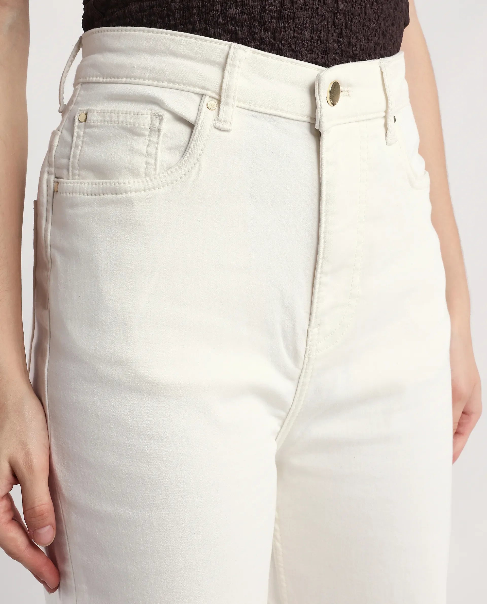 Rareism Women's Denby Off White Cotton Blend Straight Plain Jeans