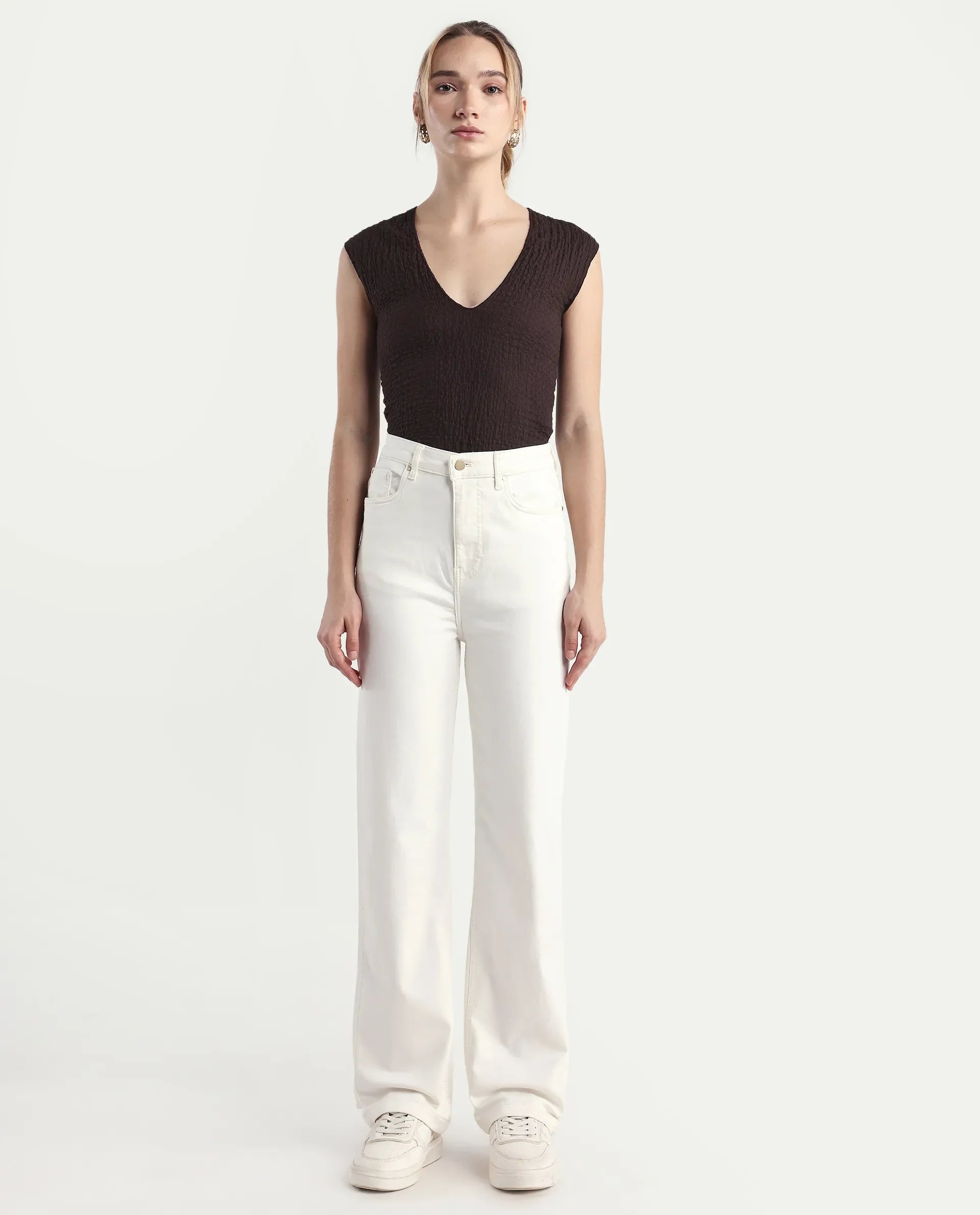 Rareism Women's Denby Off White Cotton Blend Straight Plain Jeans