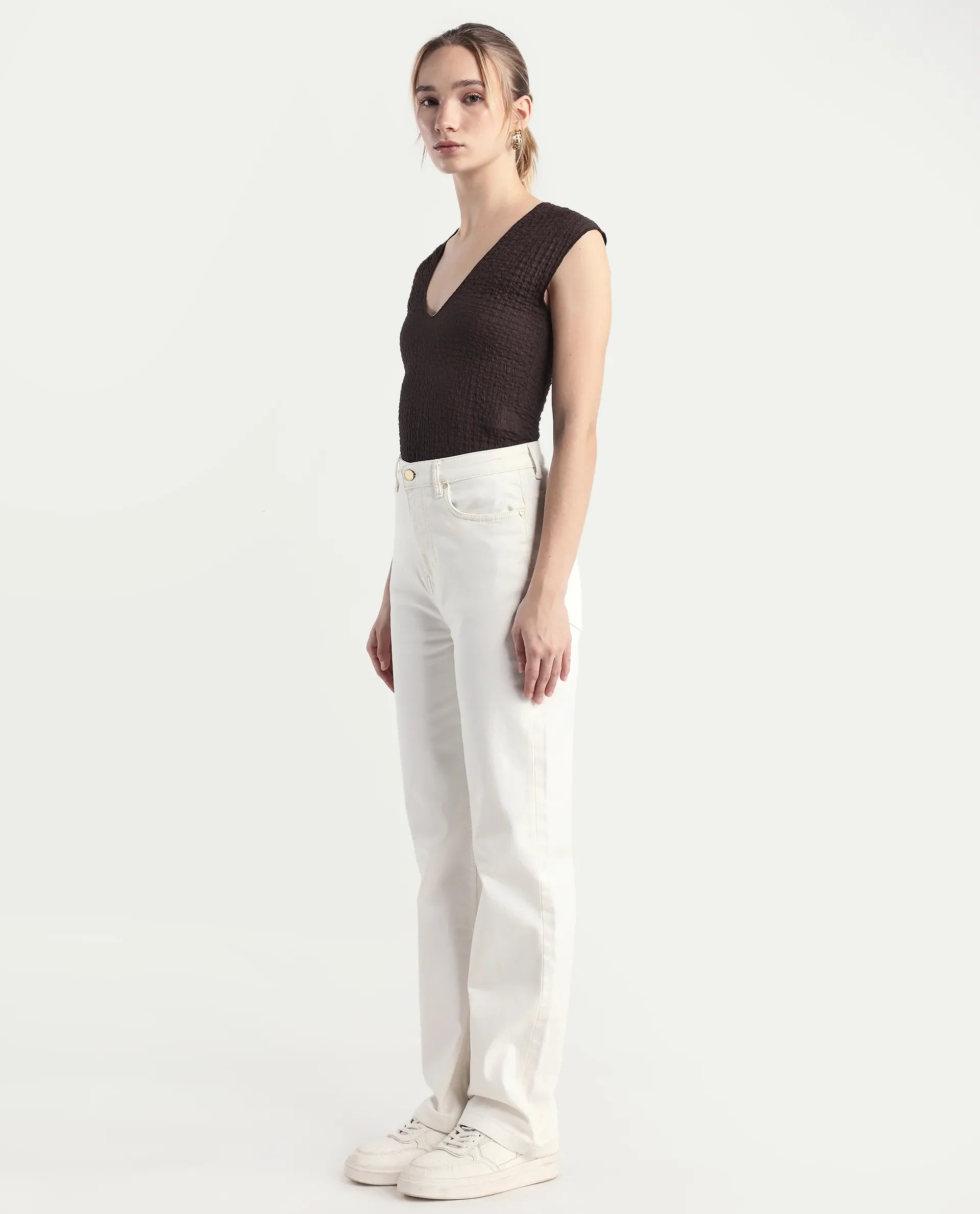 Rareism Women's Denby Off White Cotton Blend Straight Plain Jeans