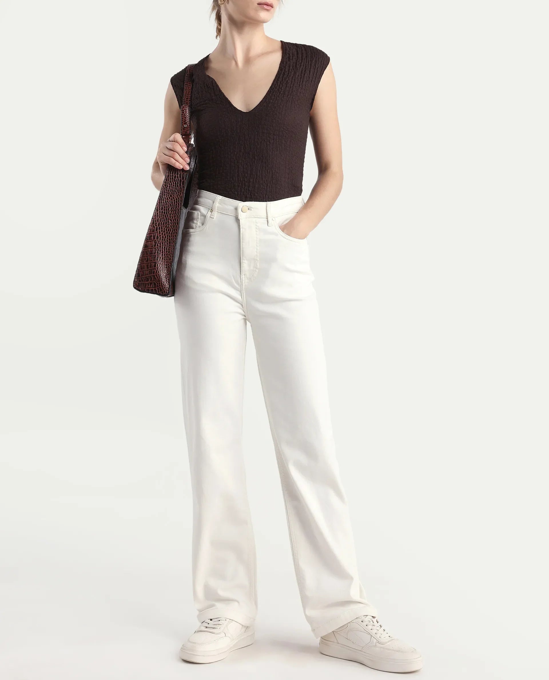 Rareism Women's Denby Off White Cotton Blend Straight Plain Jeans