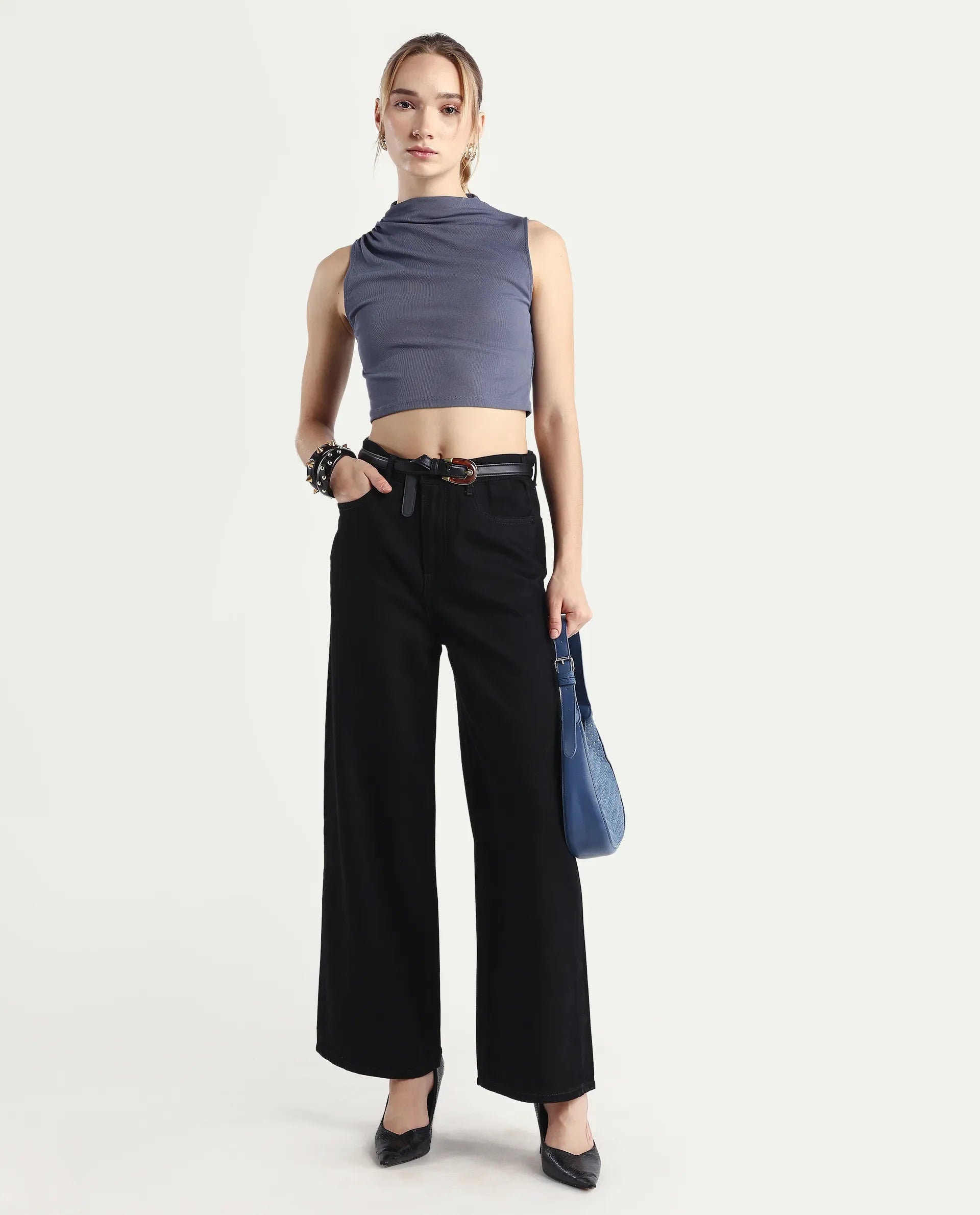 Rareism Women's Denik Black Cotton Wide Plain Jeans