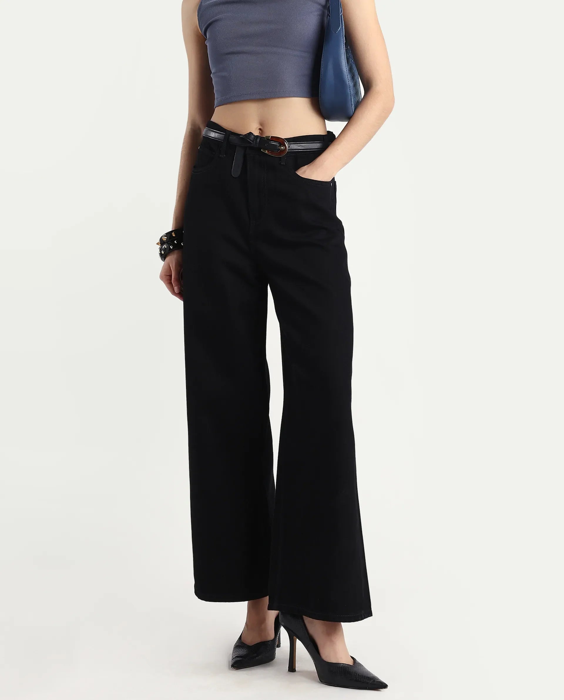 Rareism Women's Denik Black Cotton Wide Plain Jeans