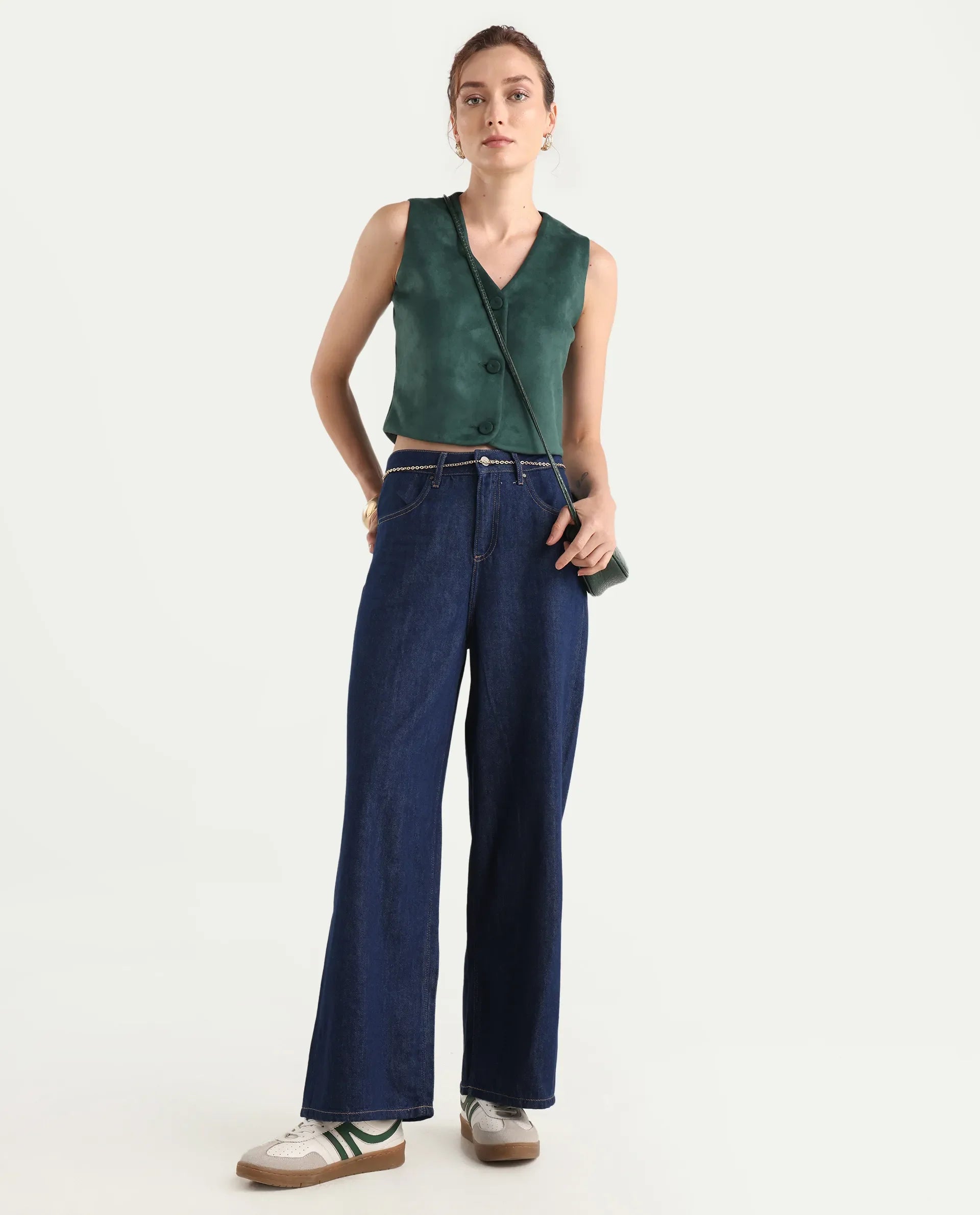 Rareism Women's Denio Dark Blue Cotton Wide Plain Jeans