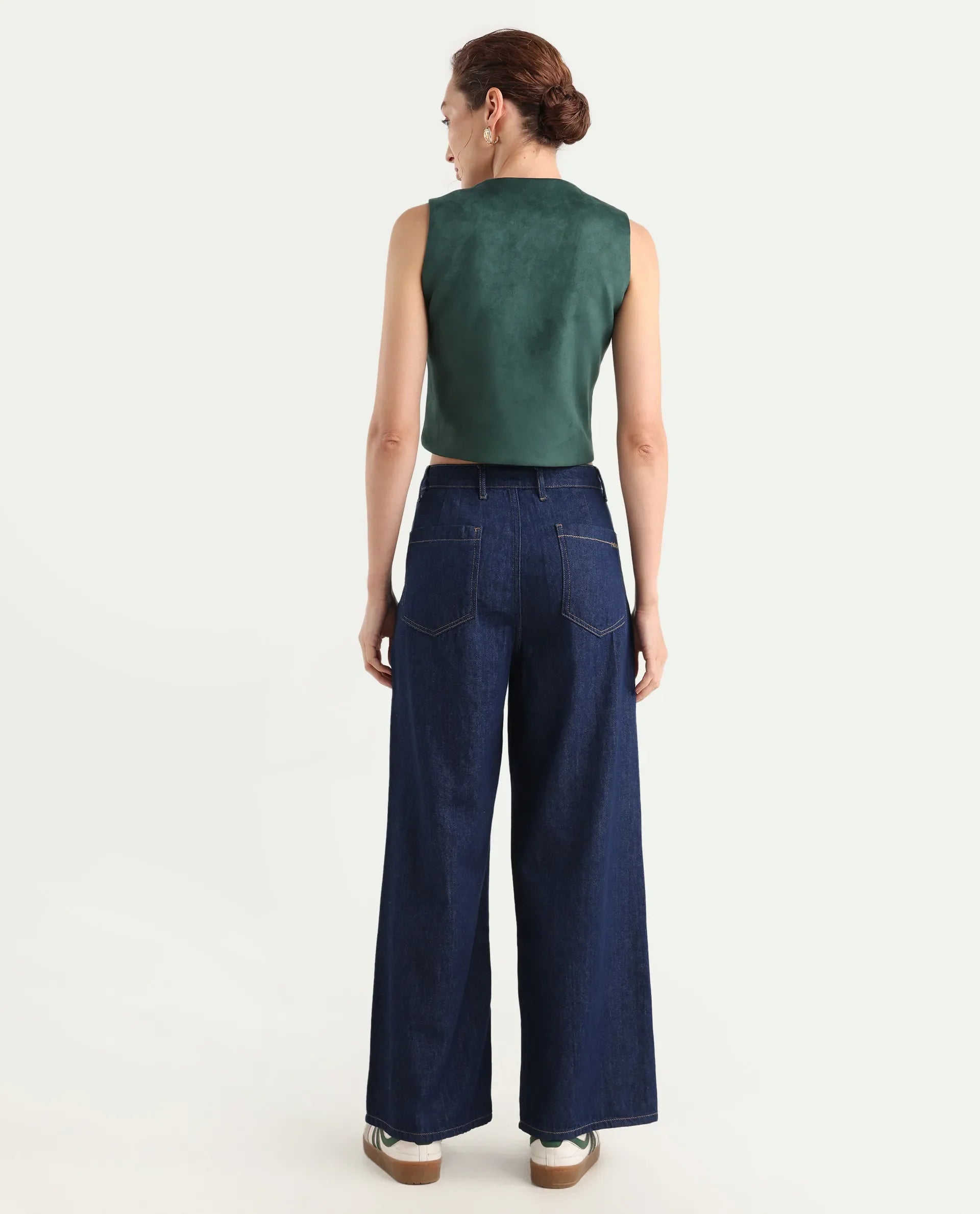 Rareism Women's Denio Dark Blue Cotton Wide Plain Jeans