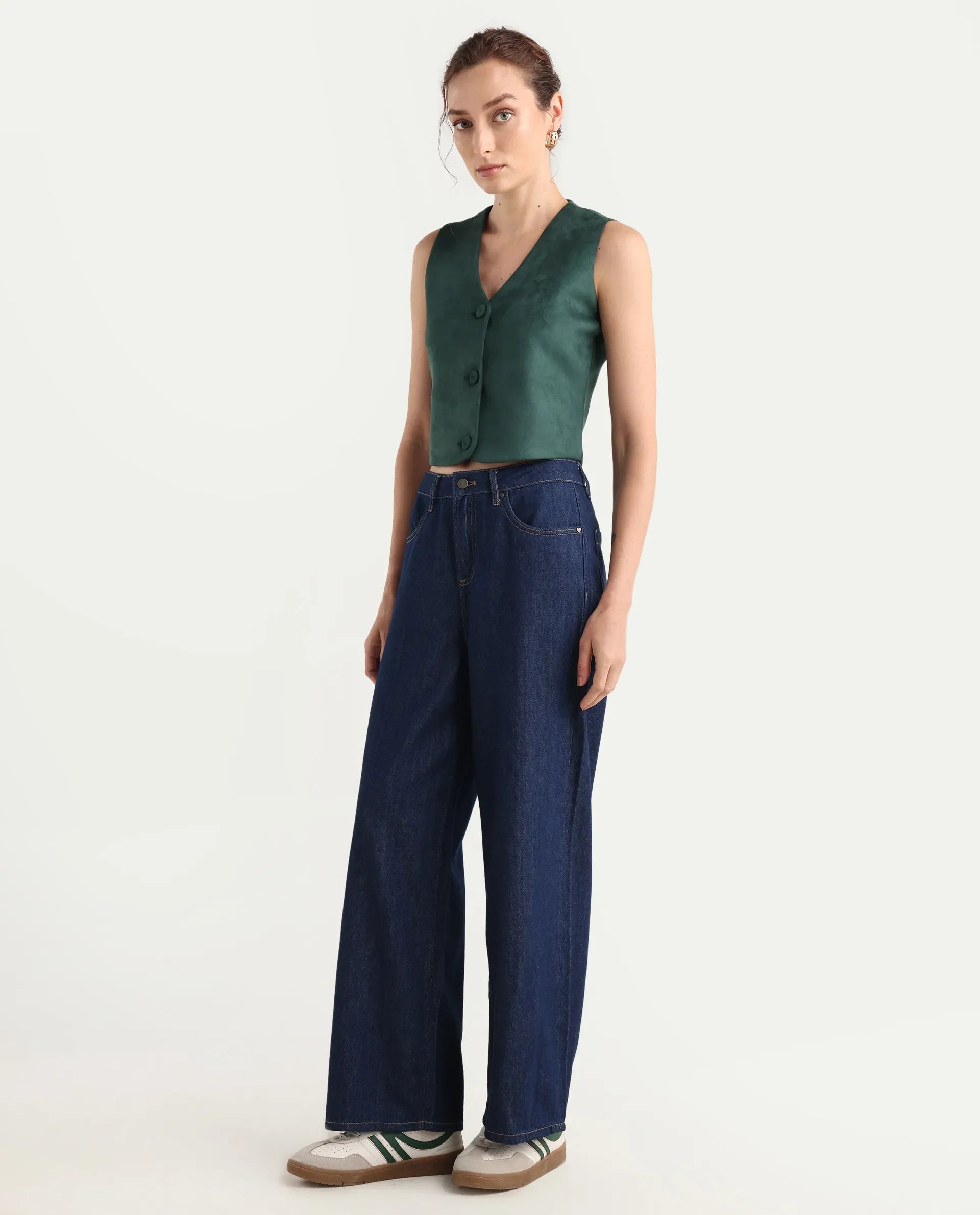 Rareism Women's Denio Dark Blue Cotton Wide Plain Jeans