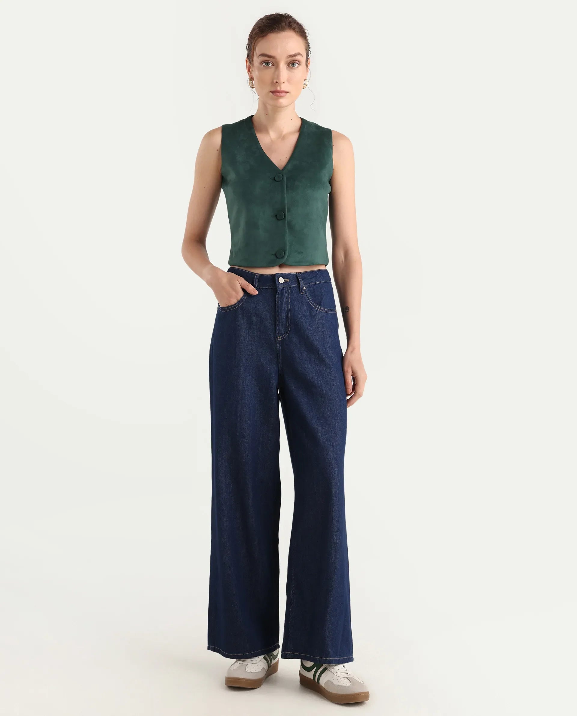 Rareism Women's Denio Dark Blue Cotton Wide Plain Jeans