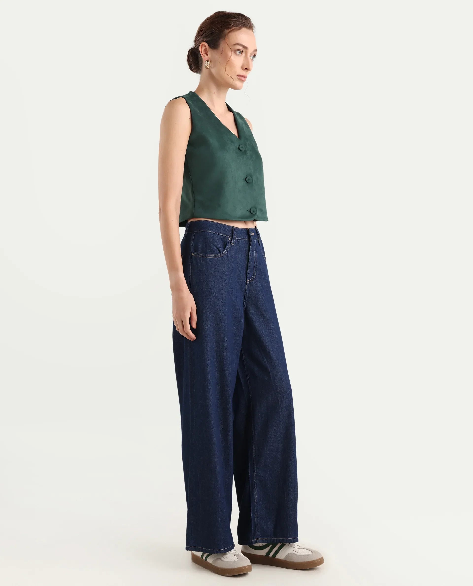 Rareism Women's Denio Dark Blue Cotton Wide Plain Jeans