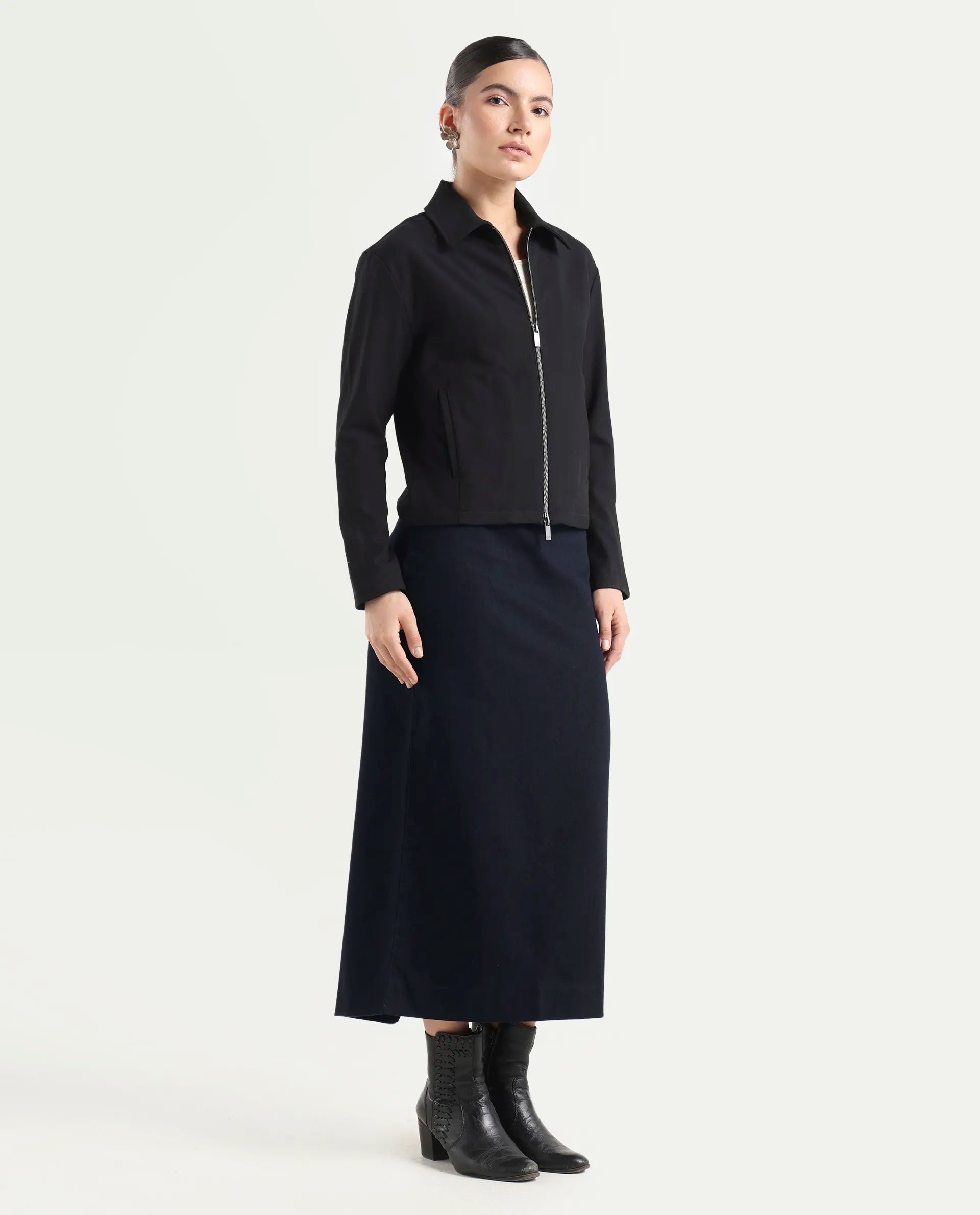 Rareism Women's Denis Dark Blue Cotton A-Line Plain Skirt