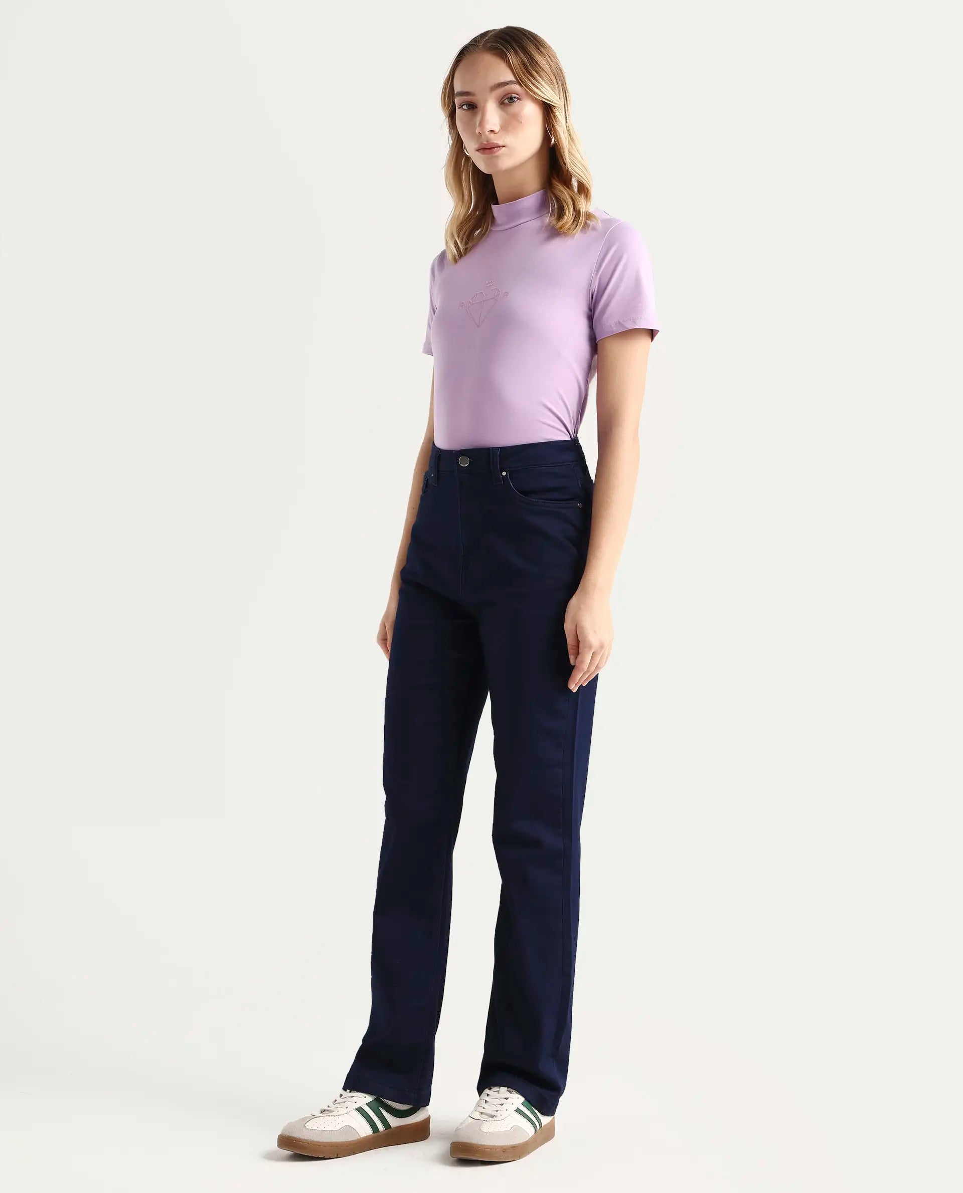 Rareism Women's Denly Navy Cotton Blend Straight Plain Jeans