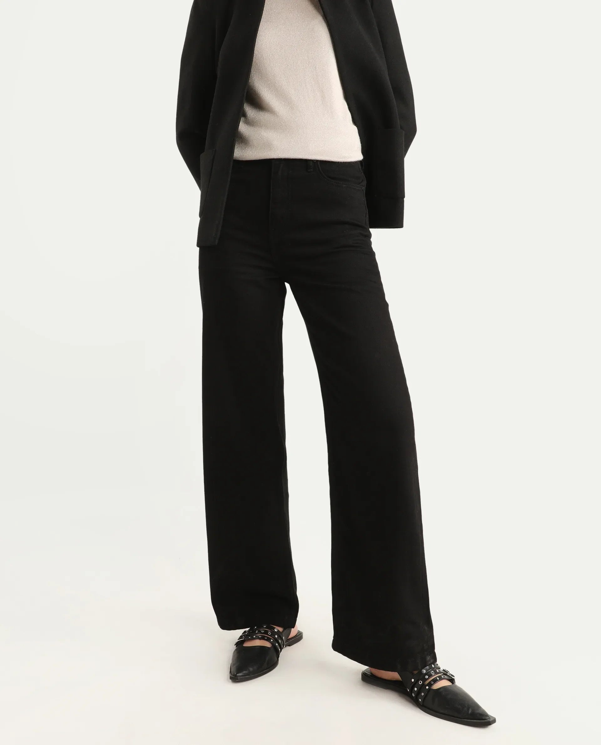 Rareism Women's Denmy Black Cotton Straight Plain Jeans