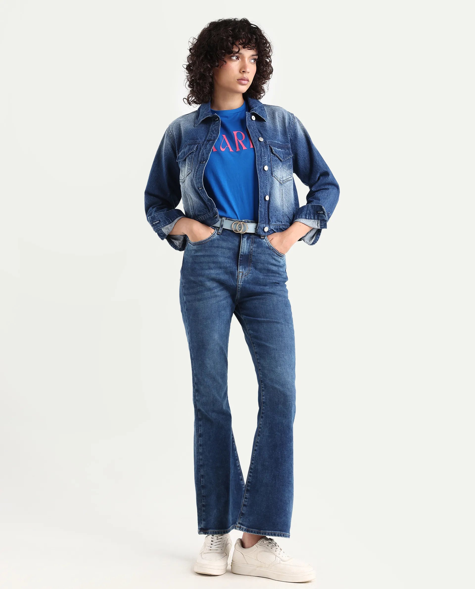 Rareism Women's Denza Blue Cotton Blend Bootcut Plain Jeans