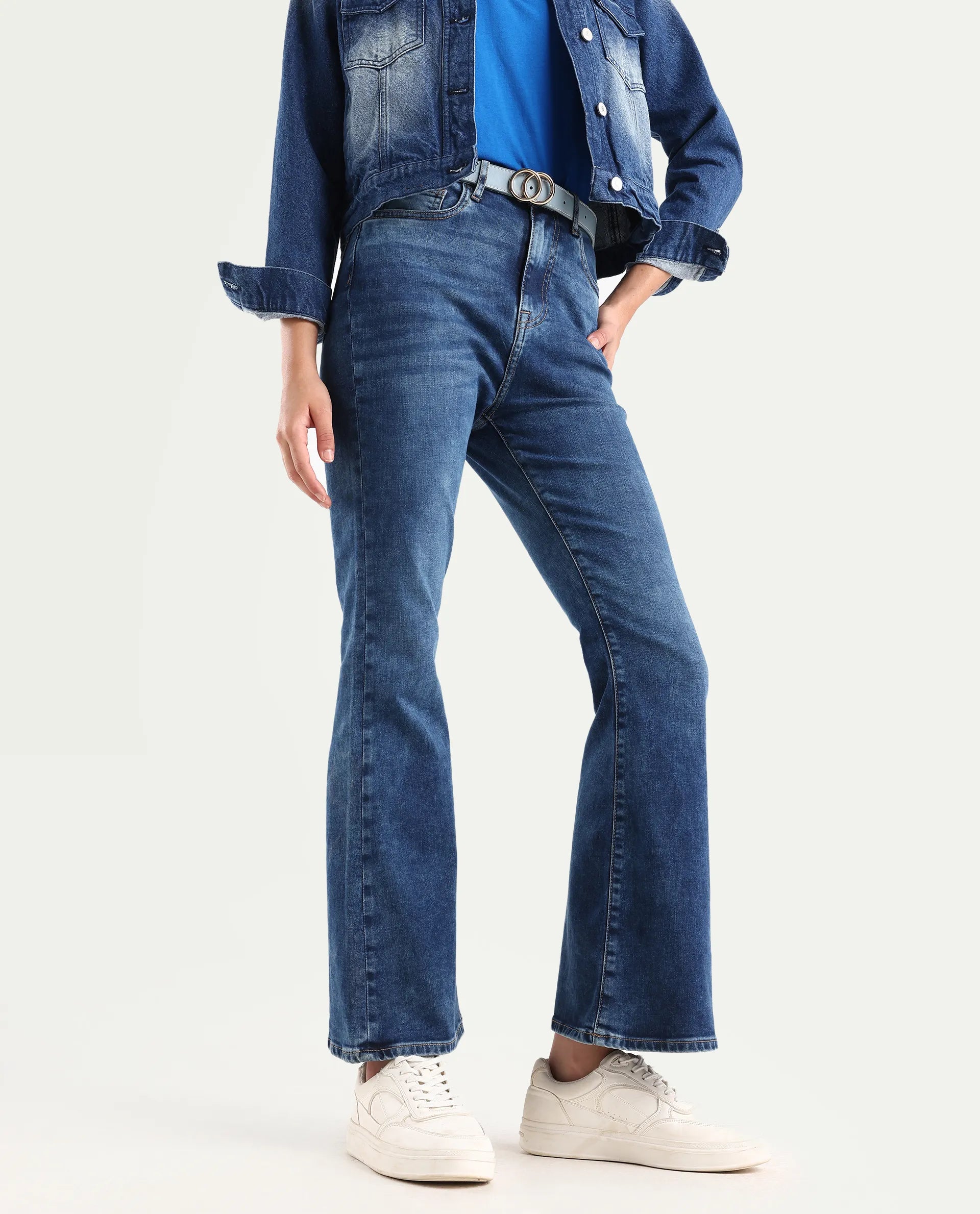 Rareism Women's Denza Blue Cotton Blend Bootcut Plain Jeans