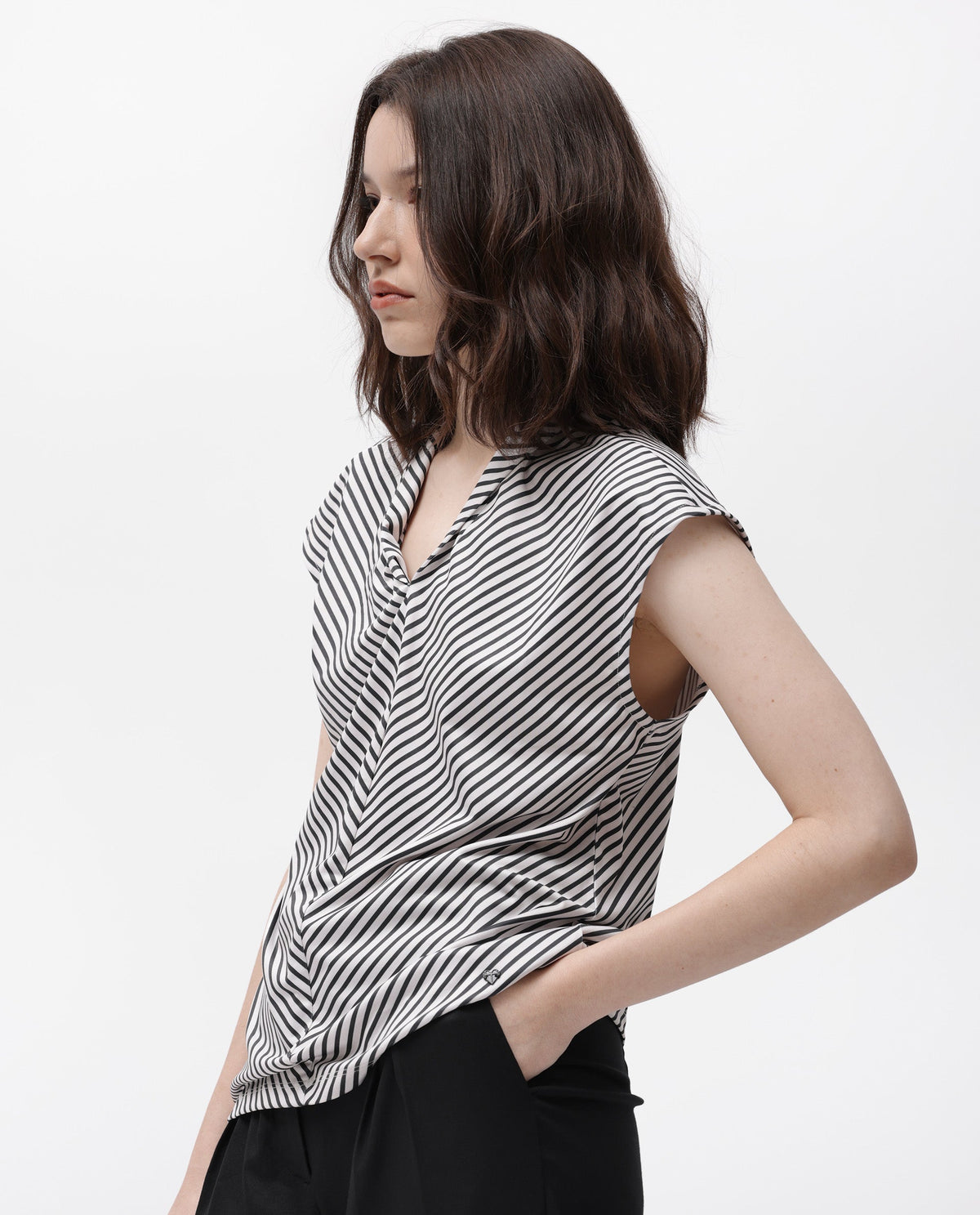 Rareism Women Deon Black Polyester Fabric Relaxed Fit V-Neck Sleeveless Striped Top