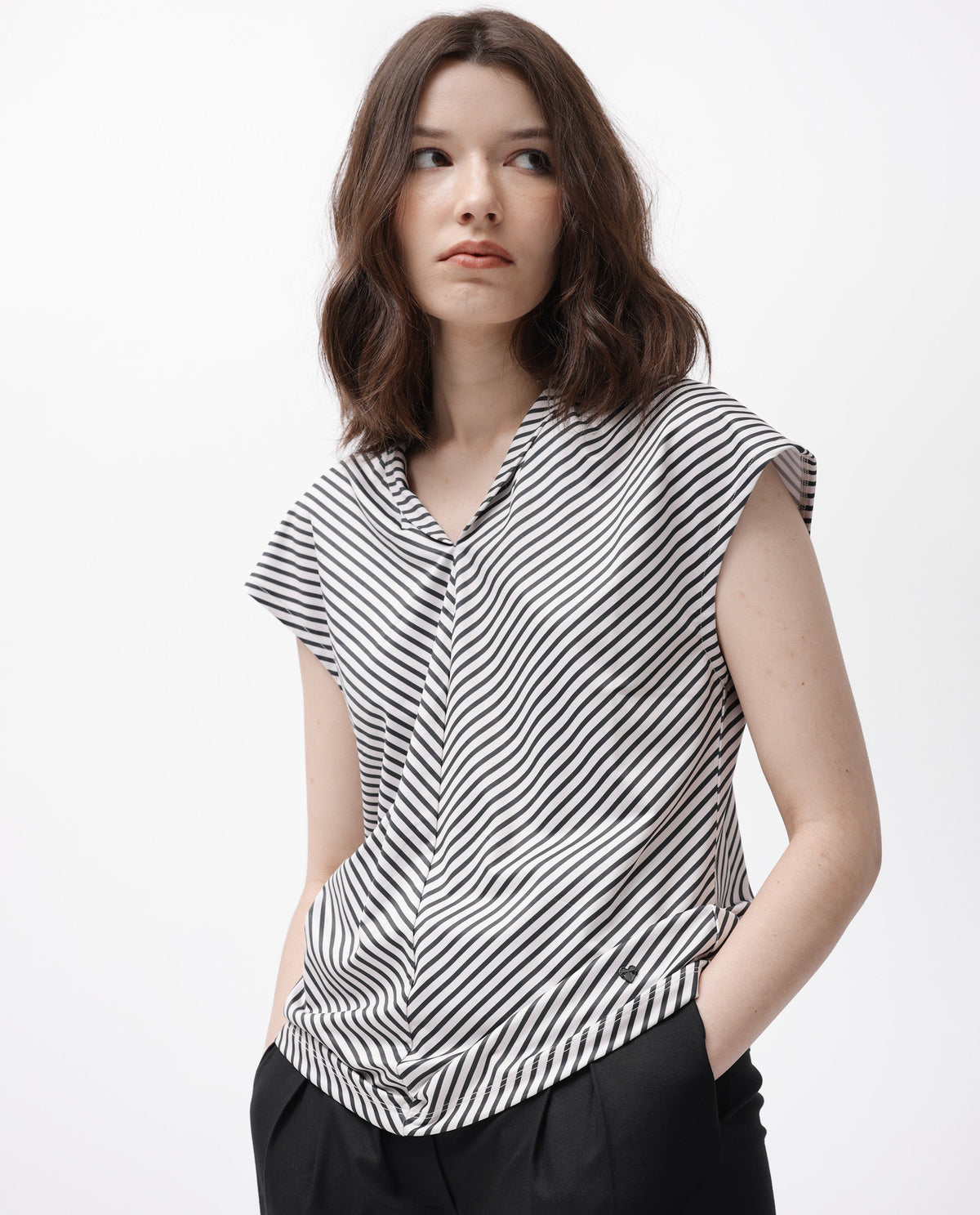 Rareism Women Deon Black Polyester Fabric Relaxed Fit V-Neck Sleeveless Striped Top