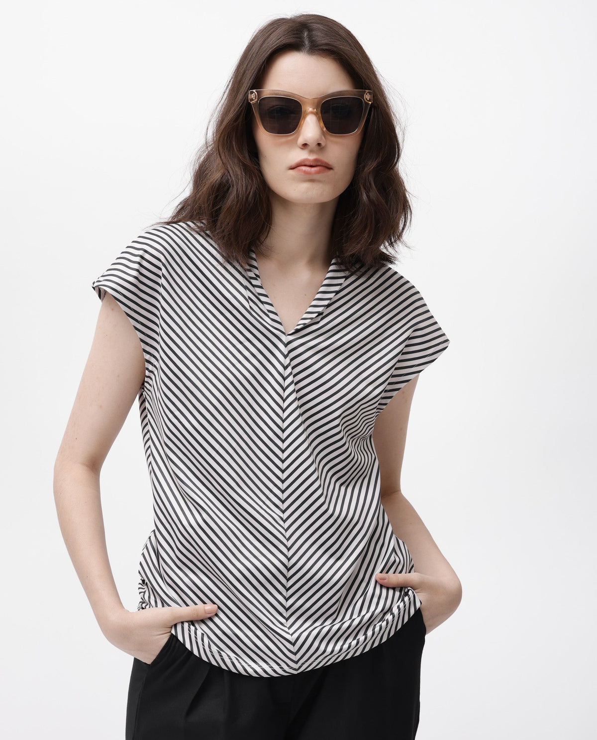 Rareism Women Deon Black Polyester Fabric Relaxed Fit V-Neck Sleeveless Striped Top
