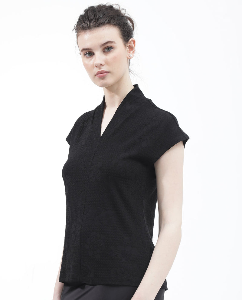 Rareism Women Deone Black Poly Viscose Elastane Fabric Regular Sleeves V-Neck  Boxy Fit Solid Top