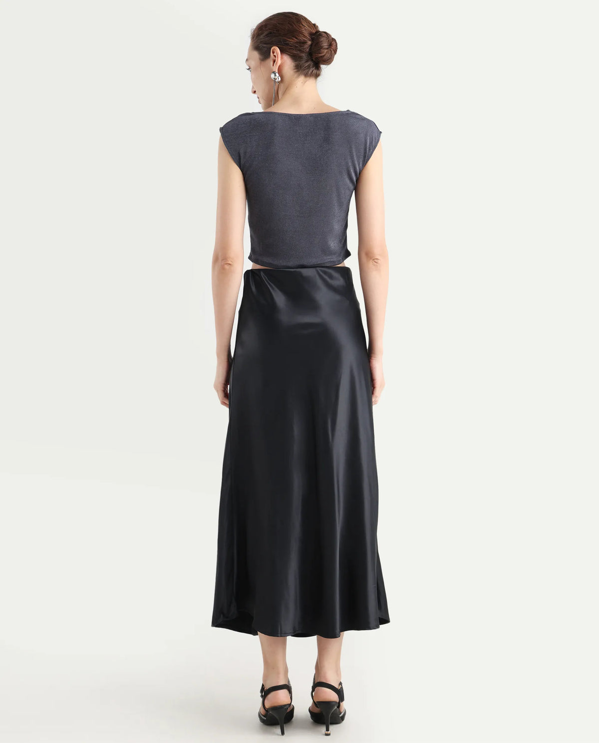 Rareism Women's Derep B Black Satin Plain Ankle Length Straight Fit Skirt