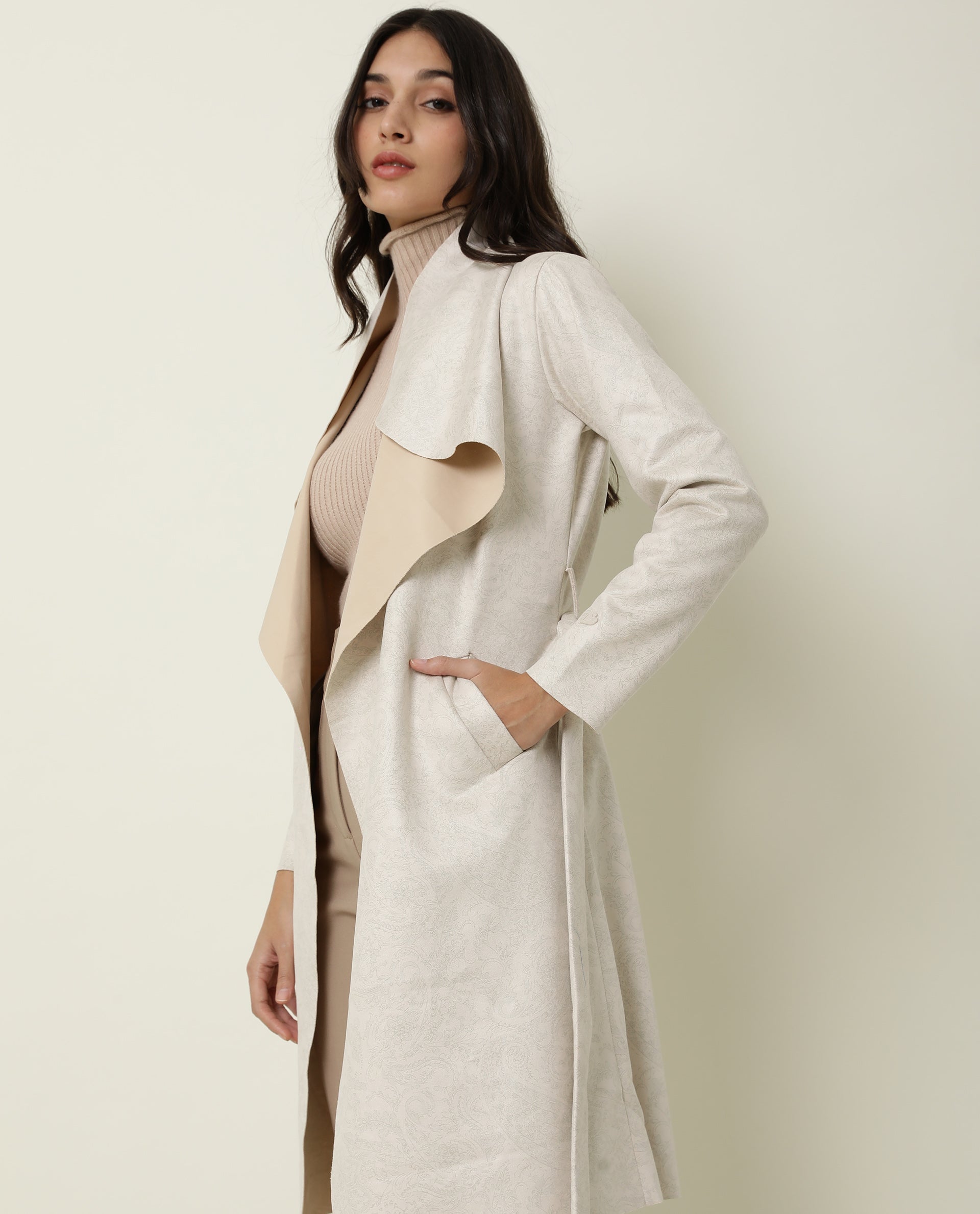 Rareism Women Palmer Beige Polyester Fabric Full Sleeves Solid Collarless Jacket