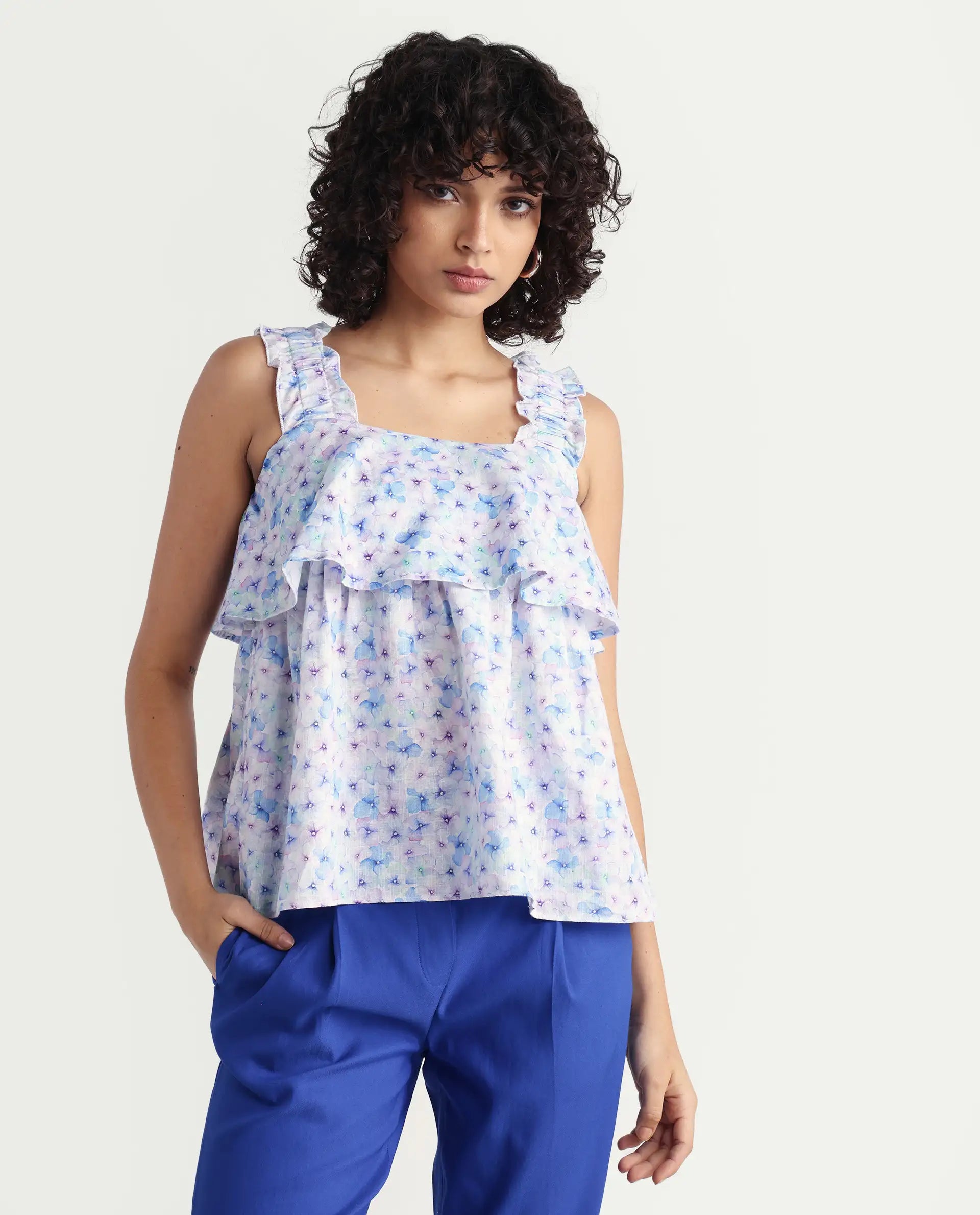 Rareism Women's Dew Purple Linen Collarless Floral Print Sleeveless Regular Fit Top