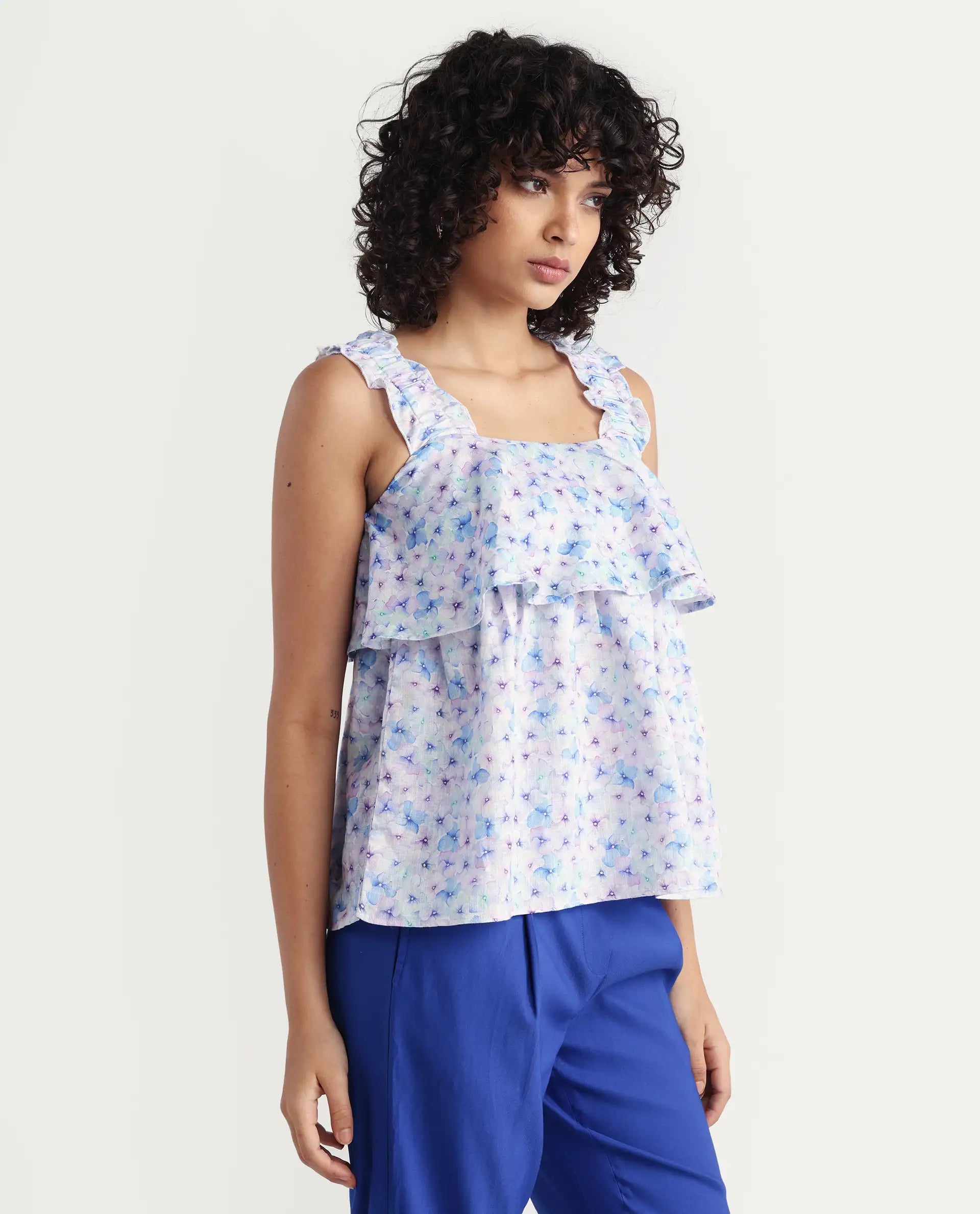 Rareism Women's Dew Purple Linen Collarless Floral Print Sleeveless Regular Fit Top