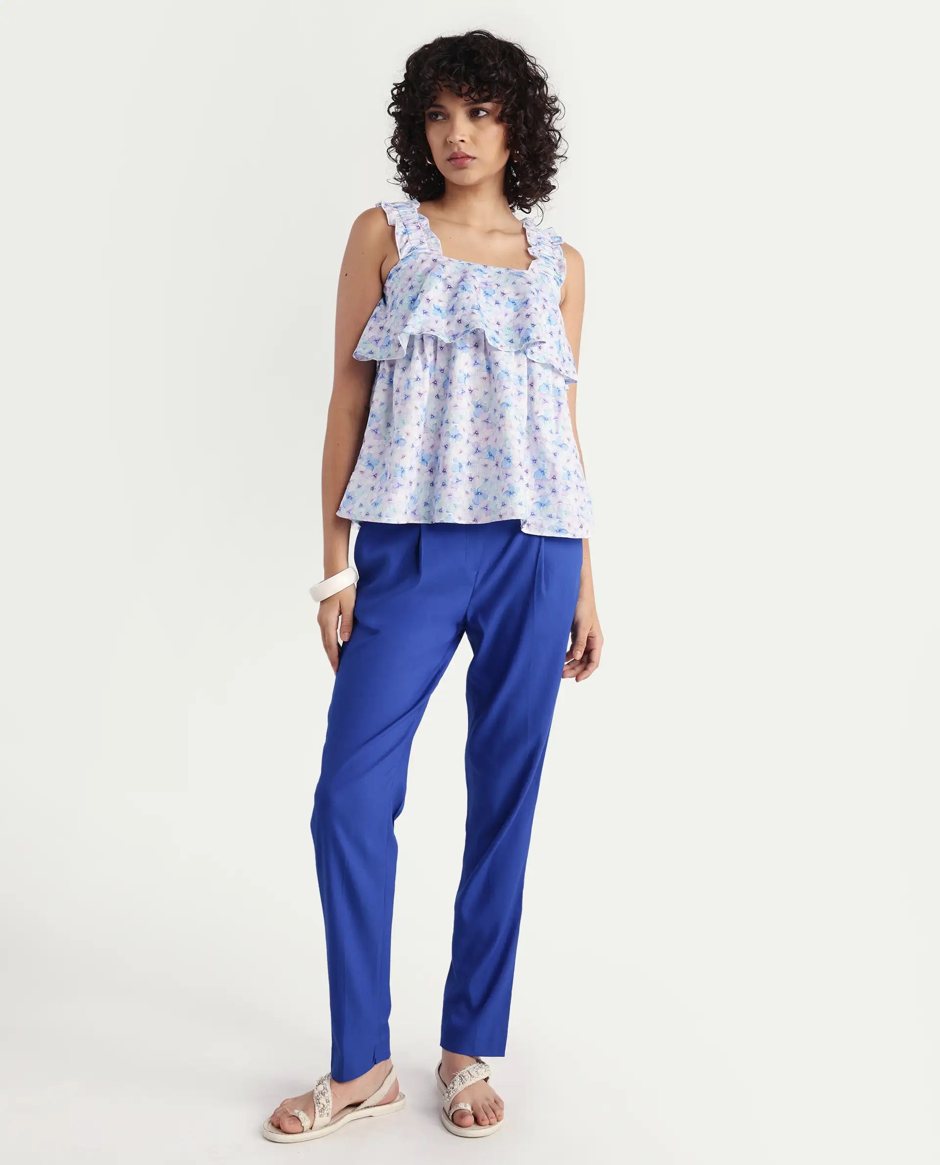 Rareism Women's Dew Purple Linen Collarless Floral Print Sleeveless Regular Fit Top