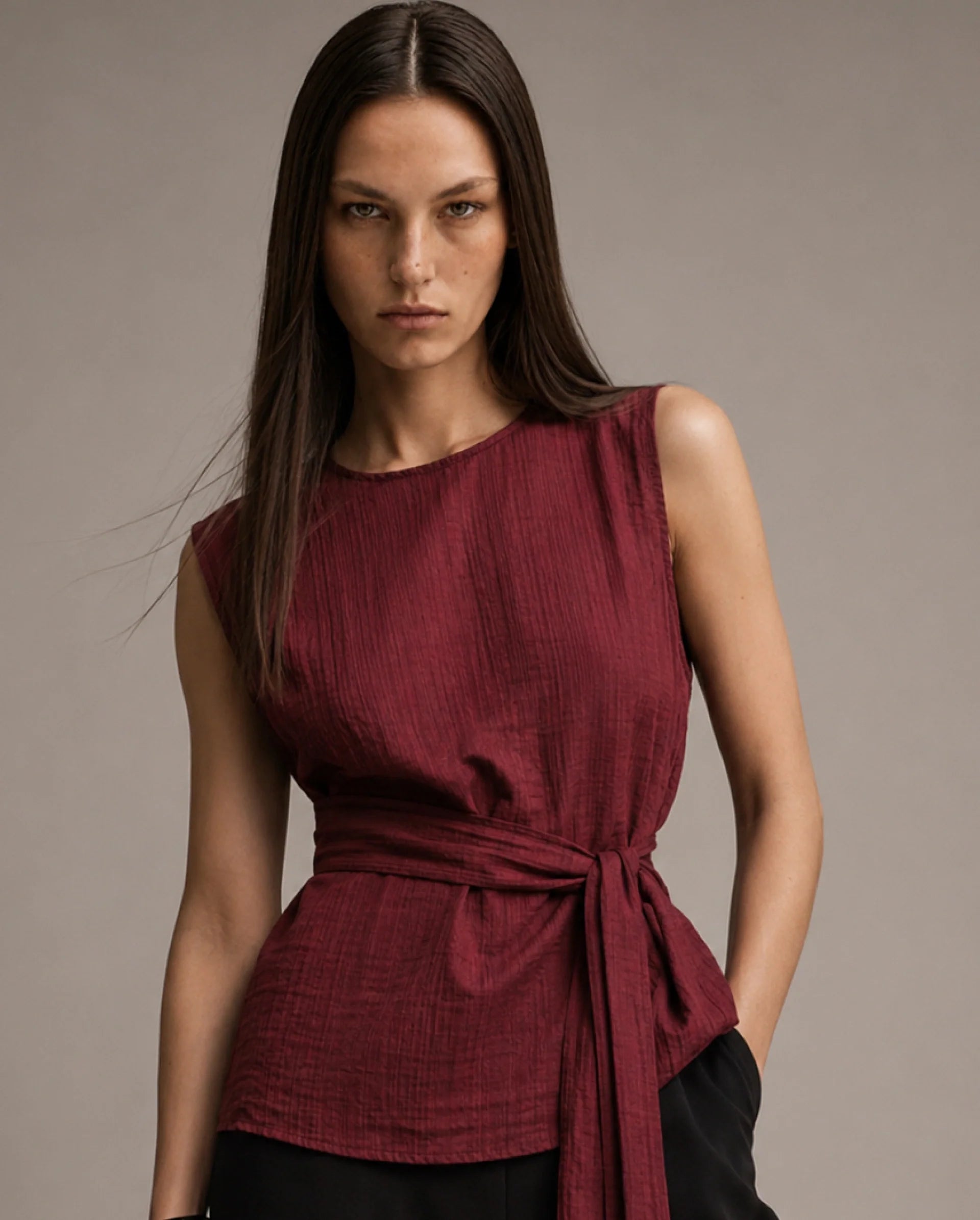 Rareism Women's Deya Maroon Viscose Blend Crew Neck Button And Zip Regular Plain Top