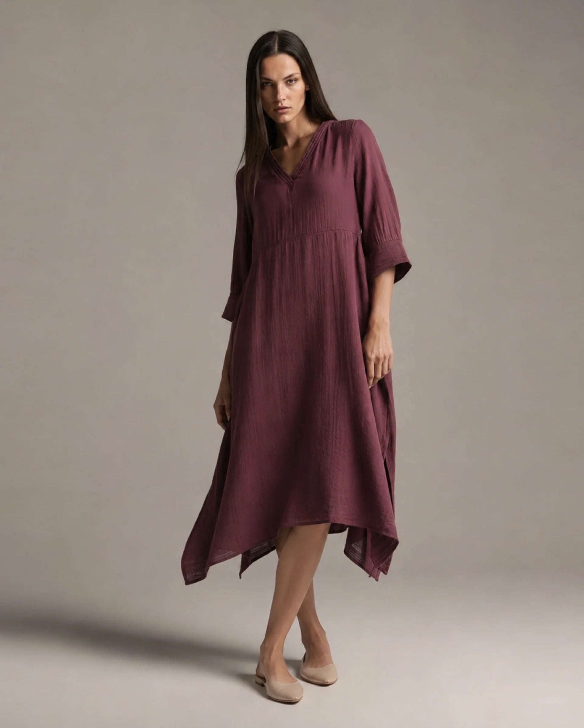 Rareism Women's Dhery Maroon Viscose Blend V-Neck A-Line Plain Dress