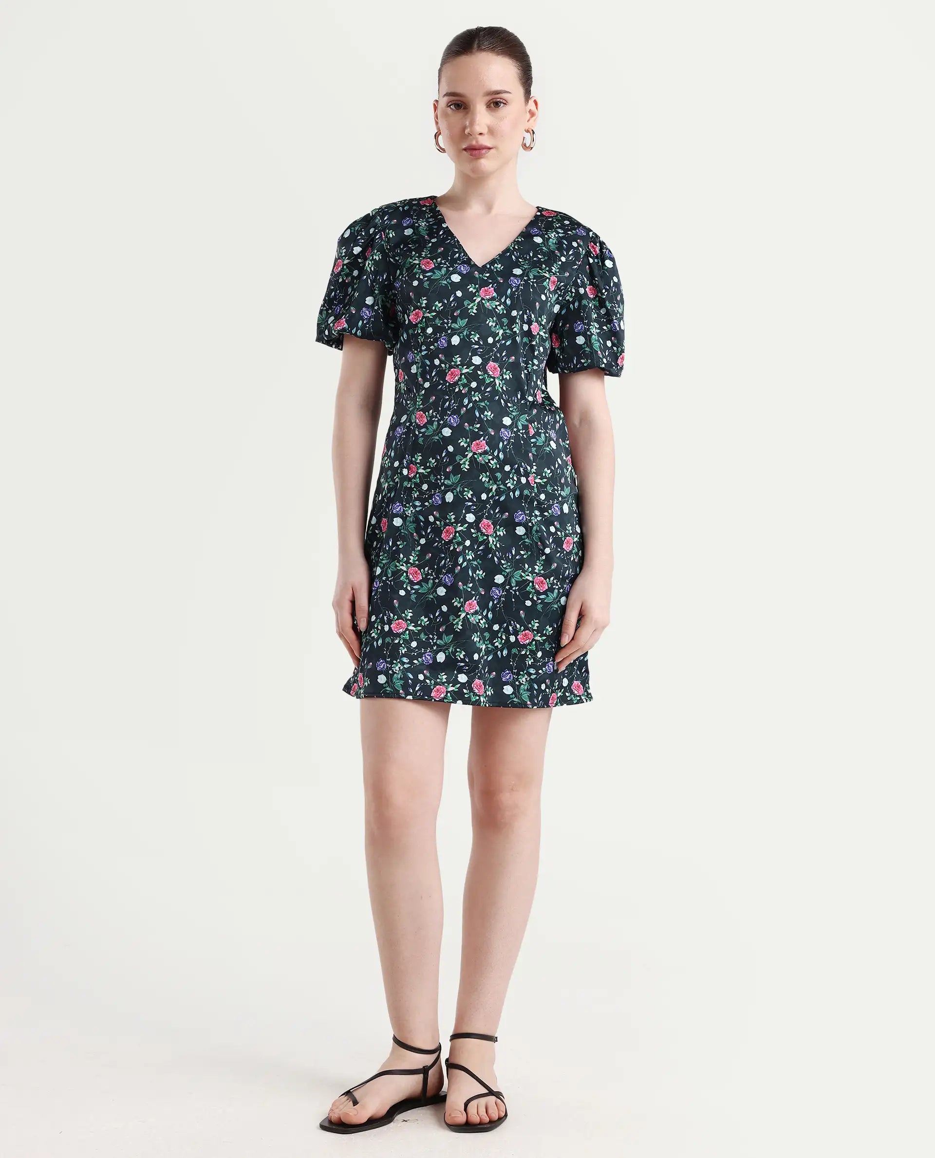 Rareism Women's Diego Navy Modal Blend V-Neck Floral Print Puff Sleeves Midi Slim Fit Dress