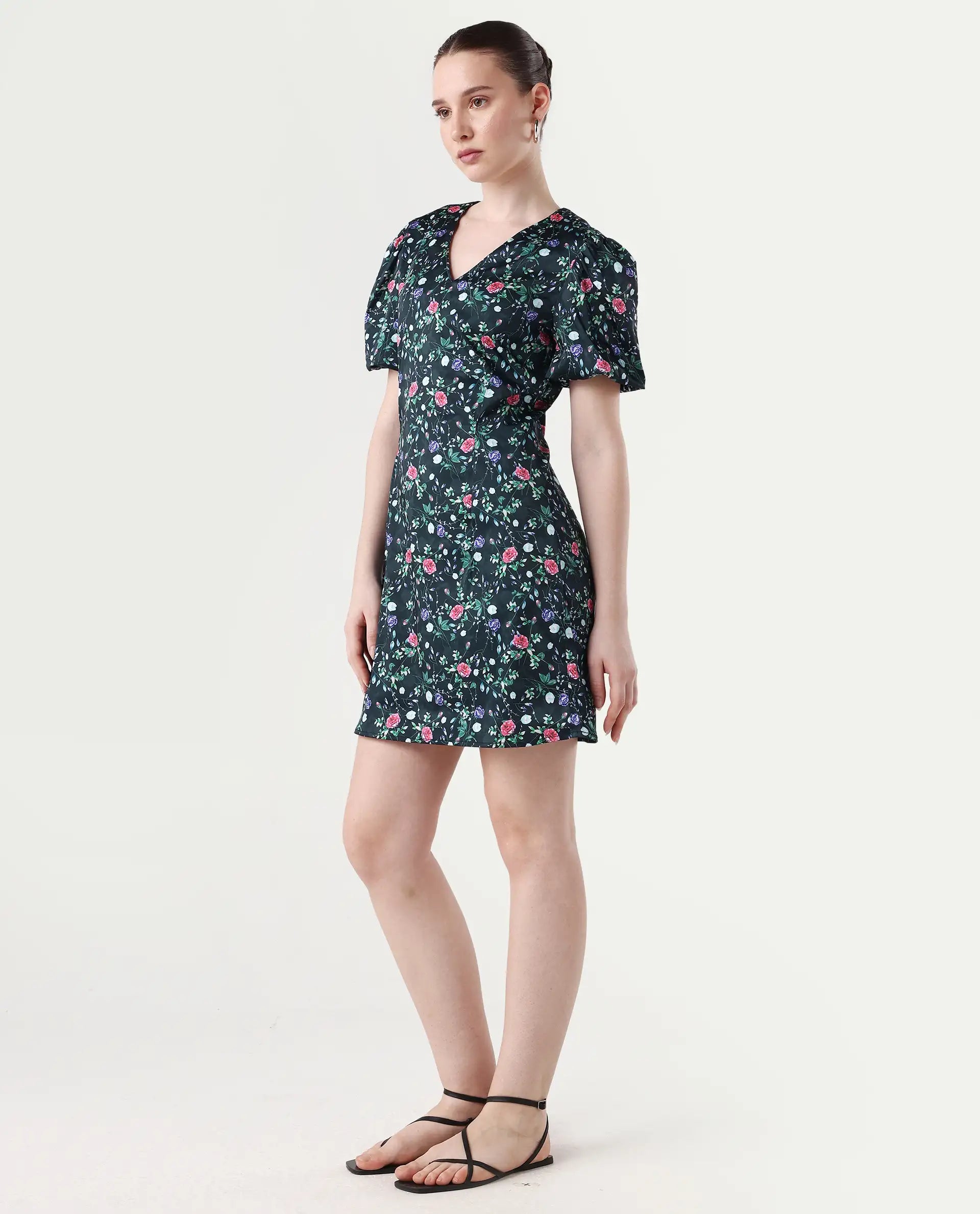 Rareism Women's Diego Navy Modal Blend V-Neck Floral Print Puff Sleeves Midi Slim Fit Dress