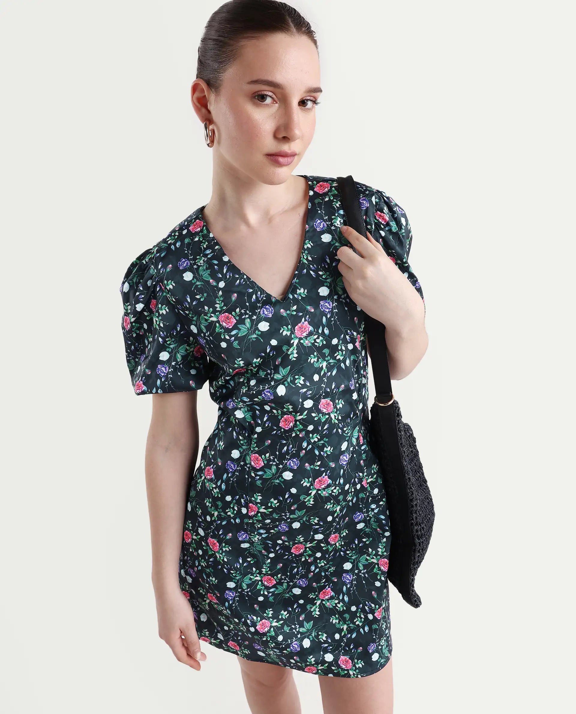 Rareism Women's Diego Navy Modal Blend V-Neck Floral Print Puff Sleeves Midi Slim Fit Dress