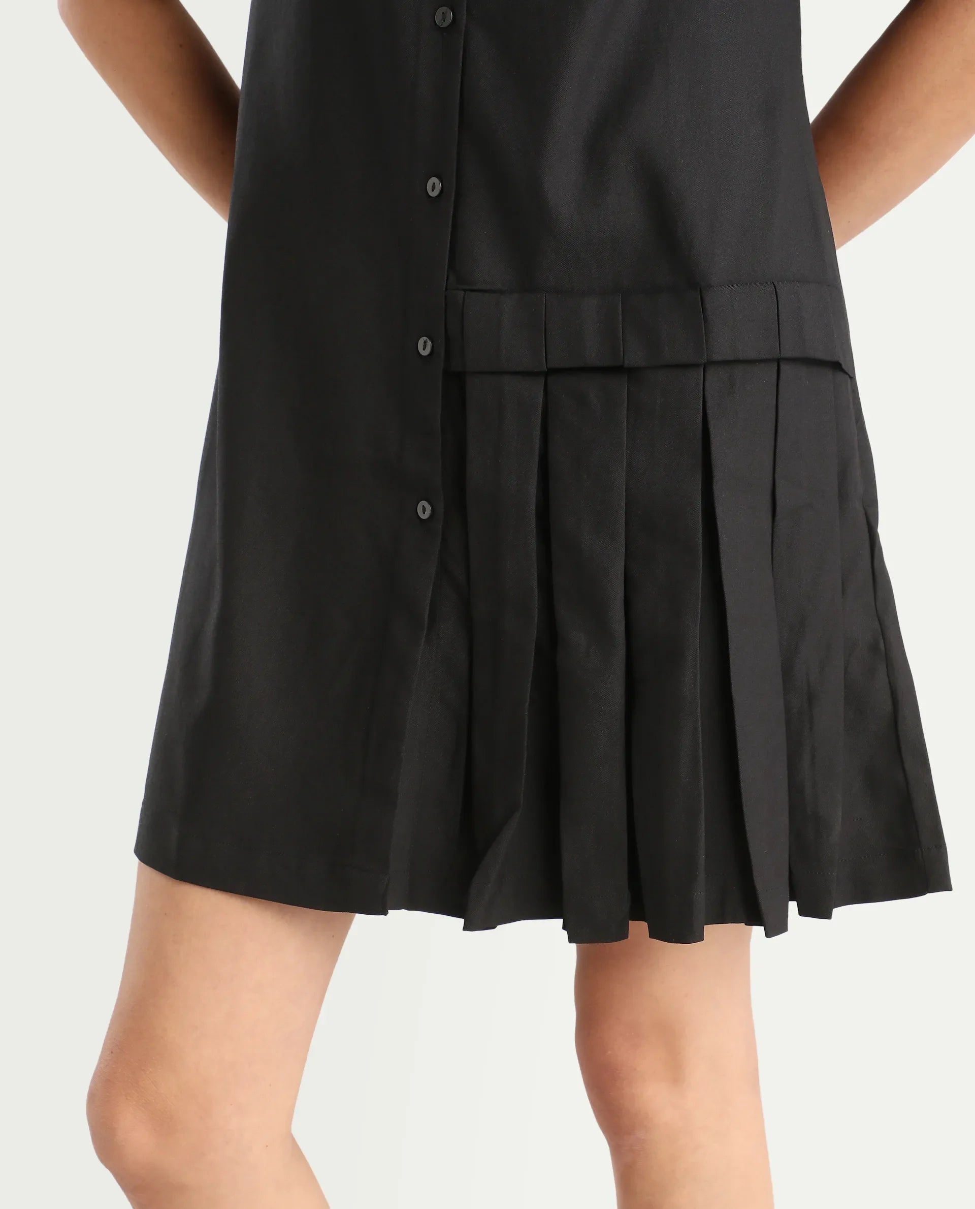 Rareism Women's Dilijan Black Cotton Blend Drop Collar Plain Knee Length Asymmetric Dress