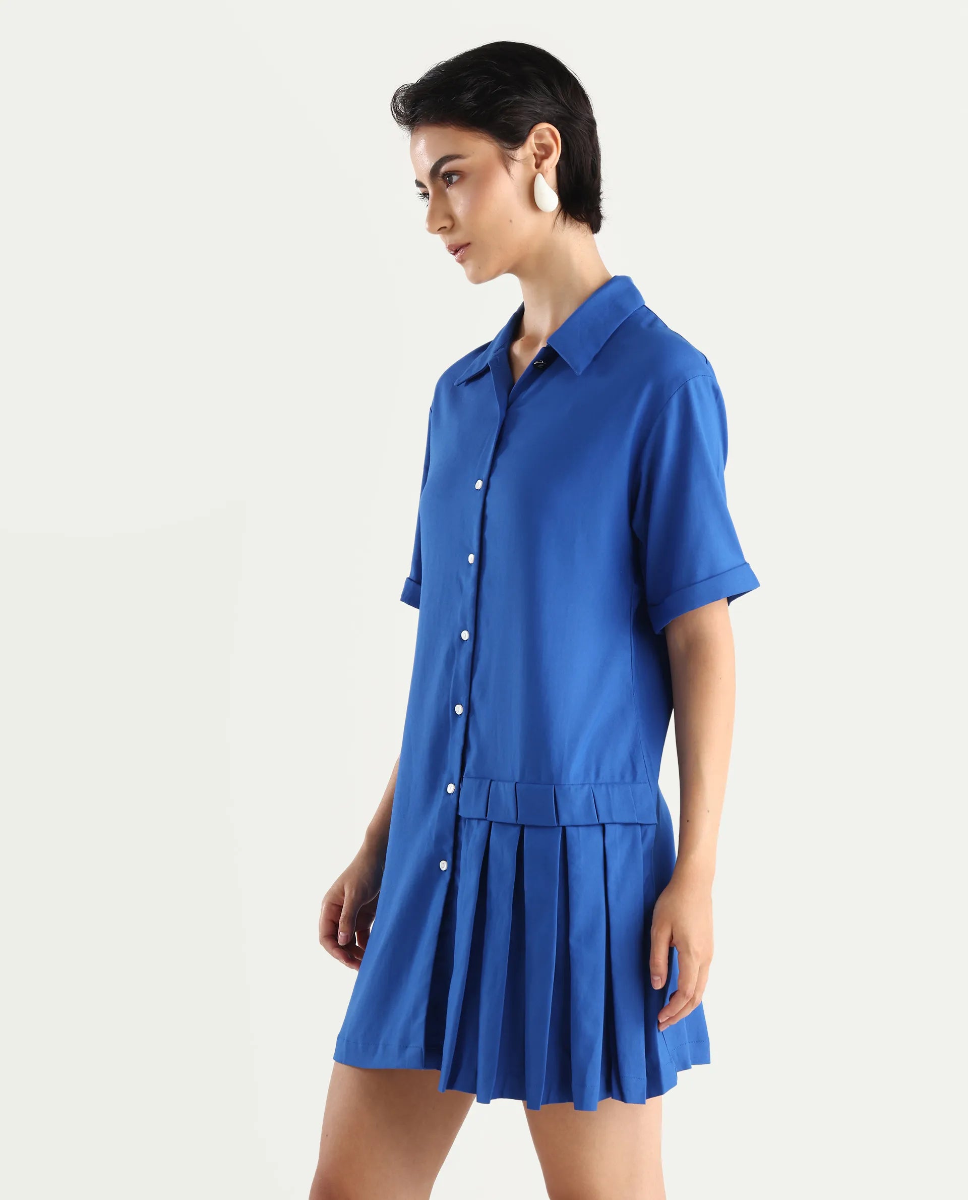 Rareism Women's Dilijan Blue Viscose Blend Drop Collar Plain Knee Length Asymmetric Dress