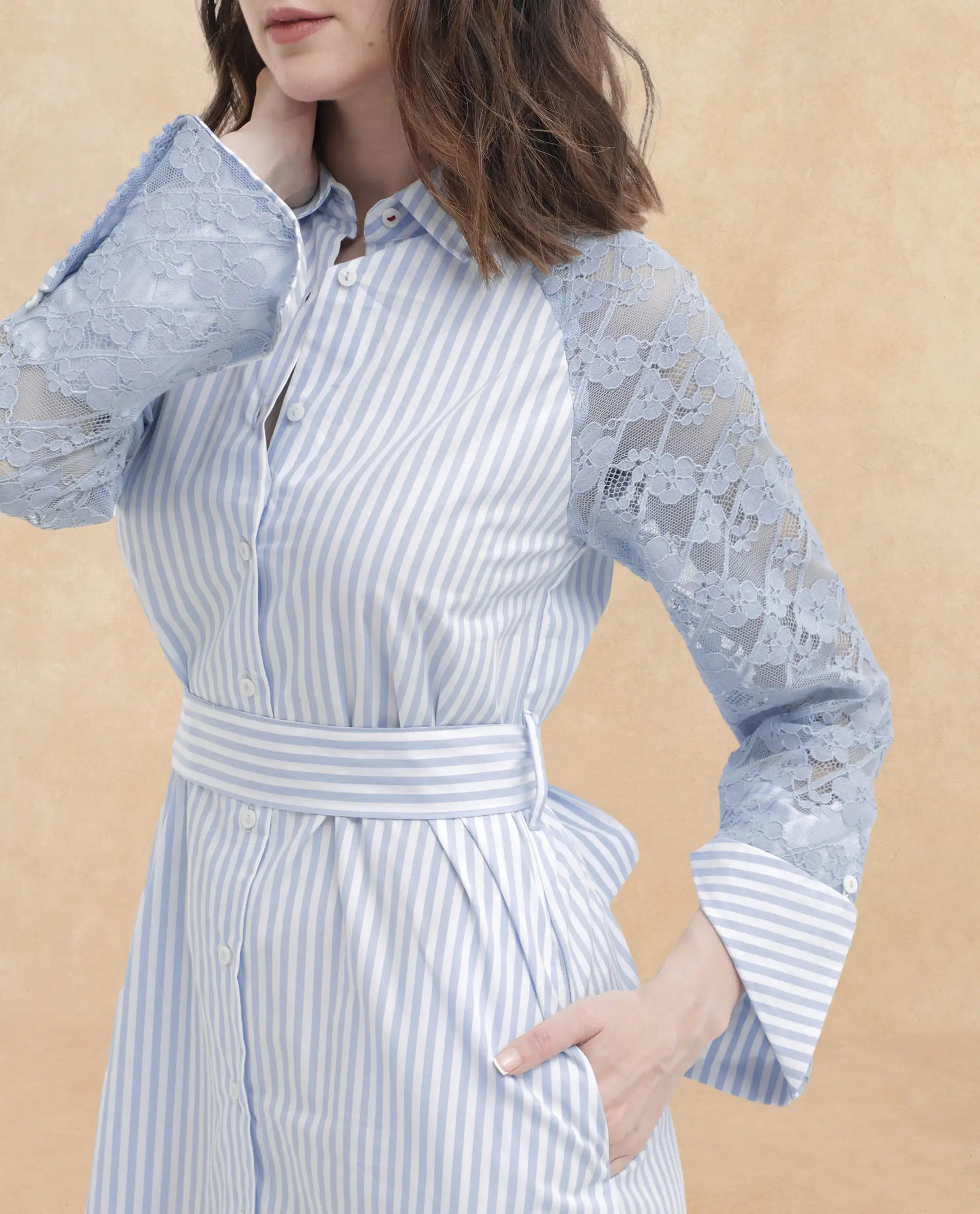Rareism Women's Drop Collar Striped Raglan Sleeve Midi A-Line Dress