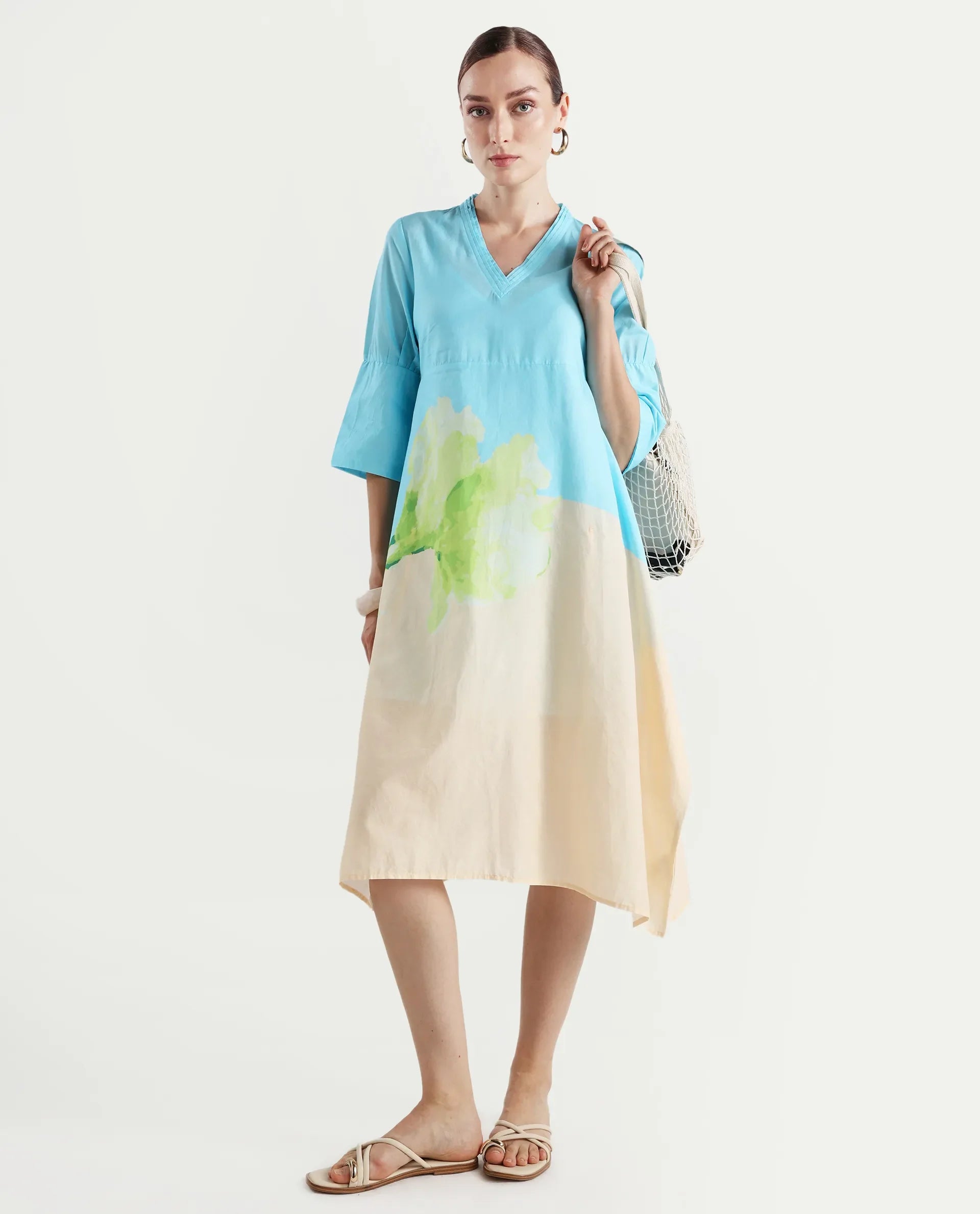 Rareism Women's Dinara Multi Cotton V-Neck Floral Print Midi A-Line Dress