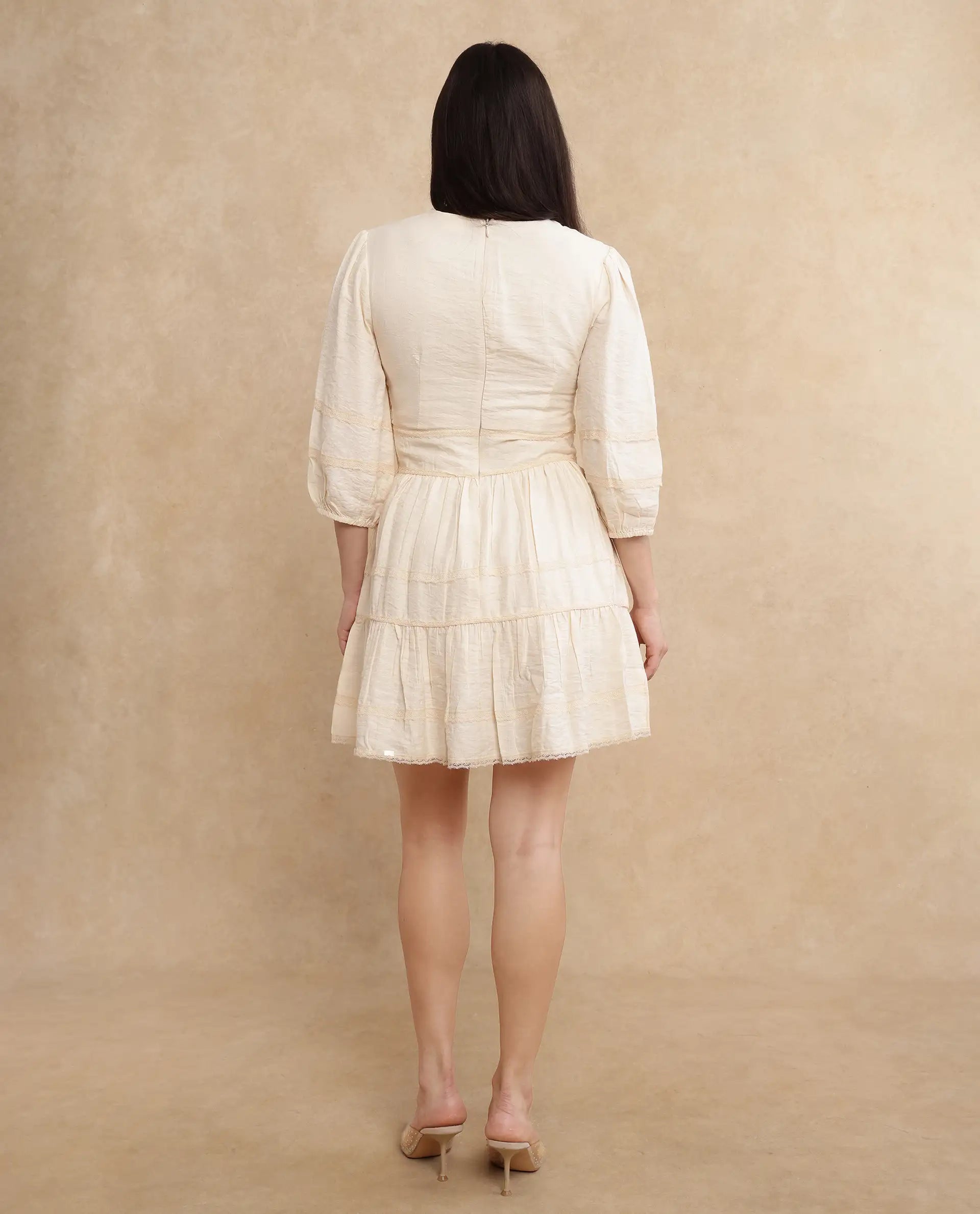 Rareism Women's Dinklage Beige Polyester V-Neck Plain Bishop Sleeve Mini Fit And Flare Dress
