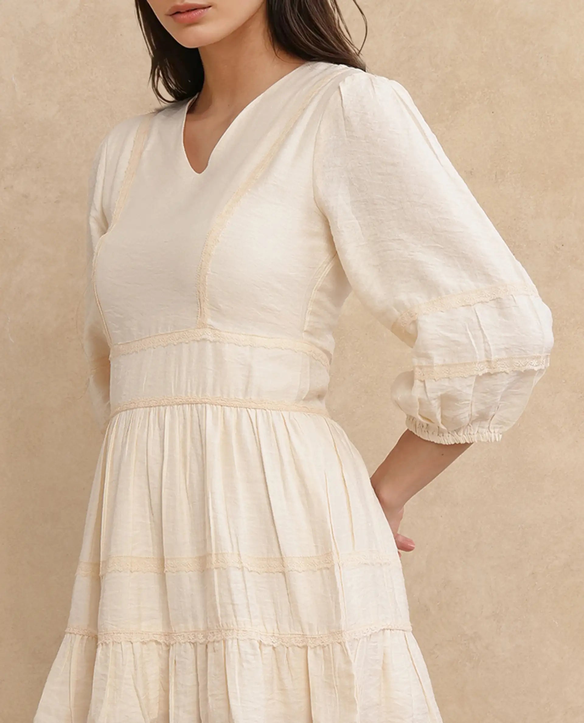 Rareism Women's Dinklage Beige Polyester V-Neck Plain Bishop Sleeve Mi