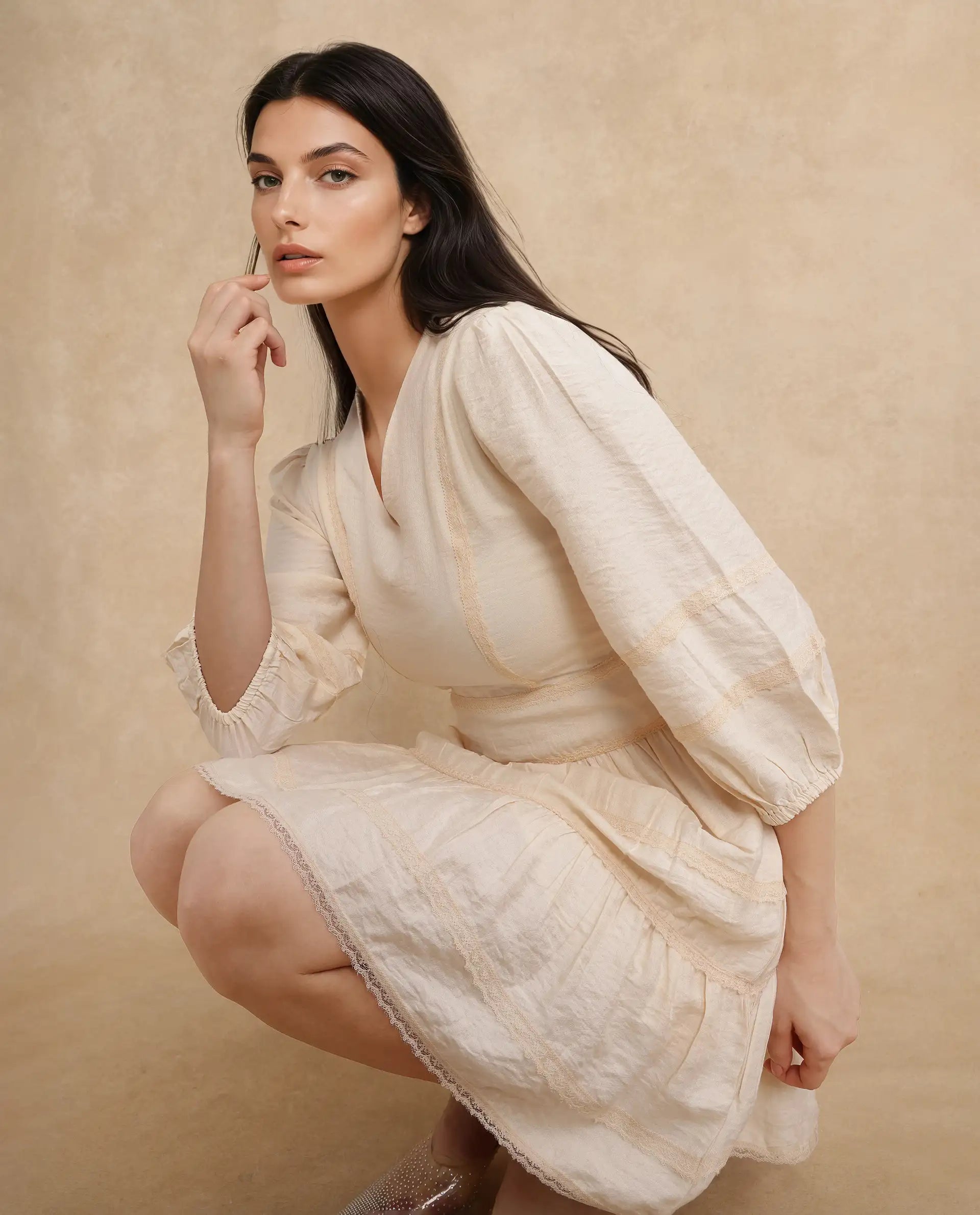Rareism Women's Dinklage Beige Polyester V-Neck Plain Bishop Sleeve Mi Rareism Women's Dinklage Beige Polyester V-Neck Plain Bishop Sleeve Mi