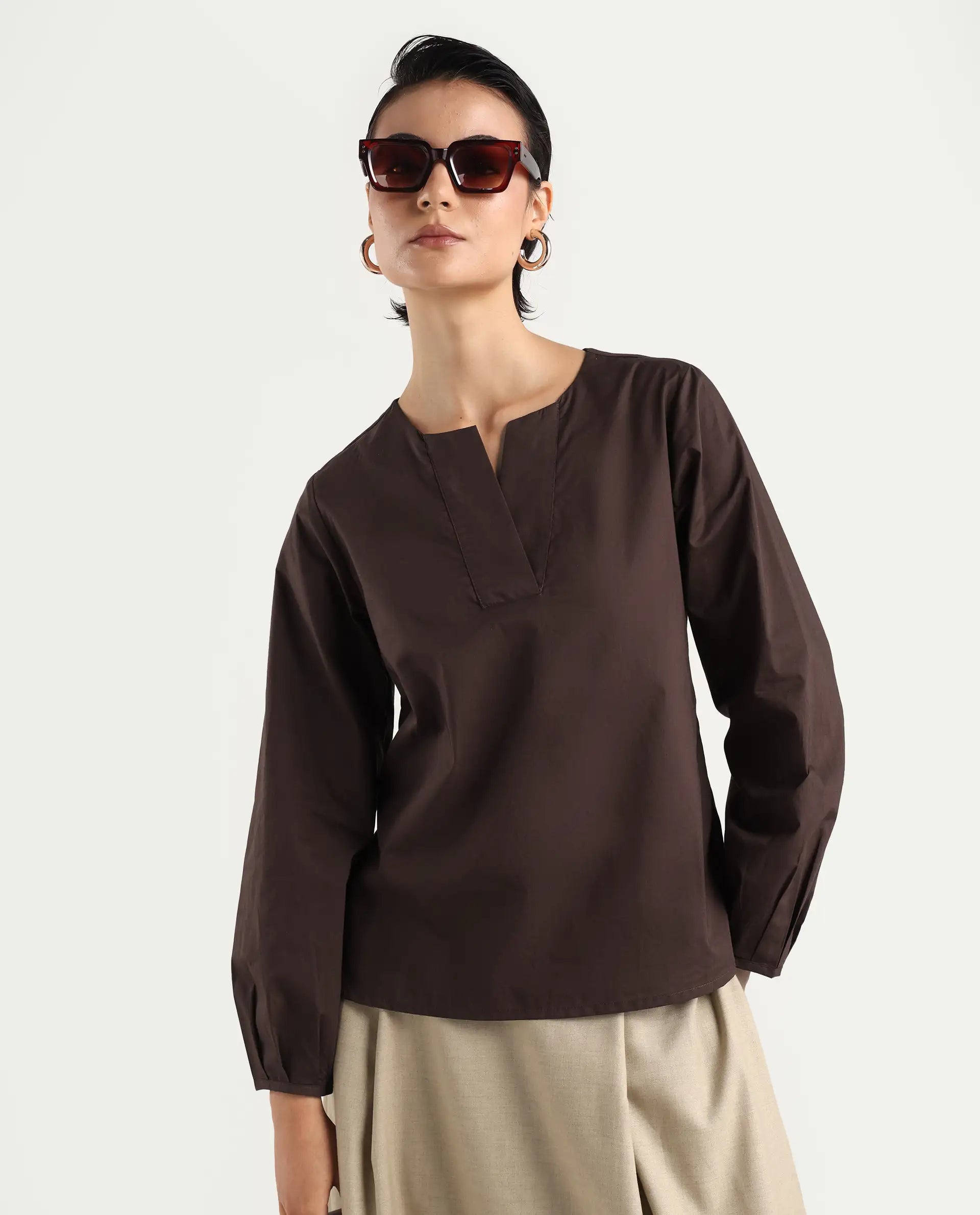 Rareism Women's Dione Brown Cotton Mandarin Collar Plain Cuffed Sleeve Regular Fit Top