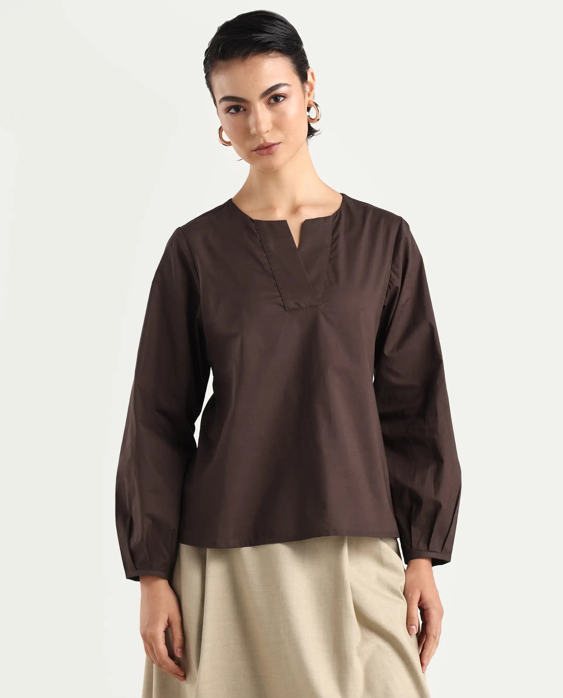 Rareism Women's Dione Brown Cotton Mandarin Collar Plain Cuffed Sleeve Regular Fit Top