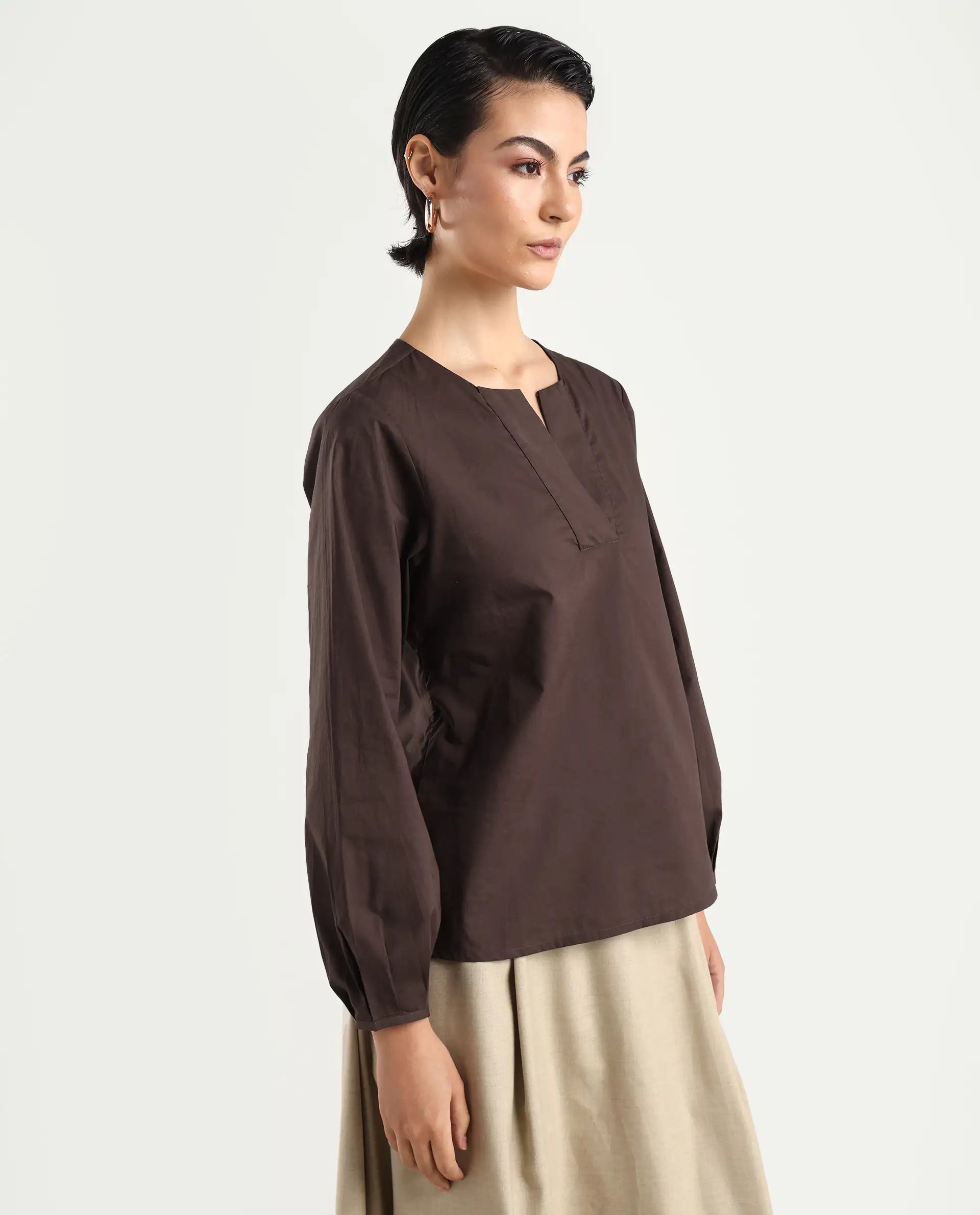 Rareism Women's Dione Brown Cotton Mandarin Collar Plain Cuffed Sleeve Regular Fit Top