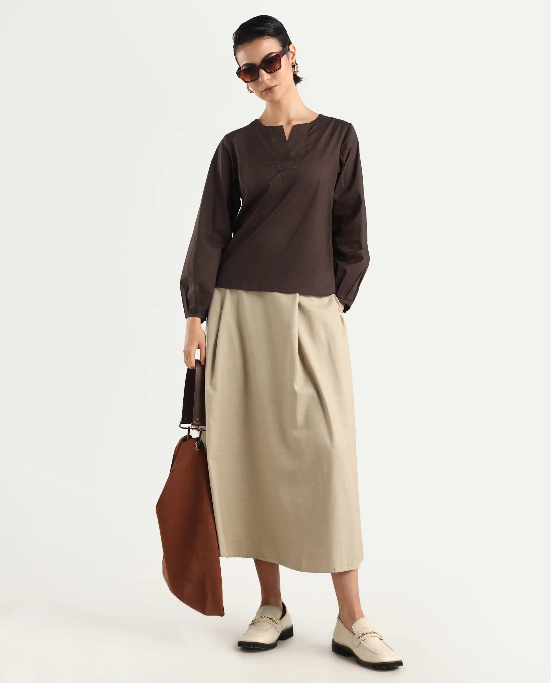 Rareism Women's Dione Brown Cotton Mandarin Collar Plain Cuffed Sleeve Regular Fit Top