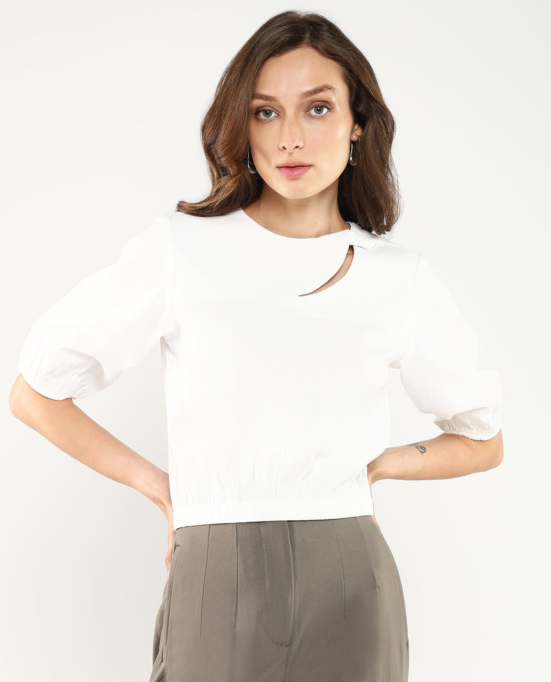 Rareism Women Dionysus White Poly Blend Fabric Short Sleeve Crew Neck Button Closure Cropped Plain Top