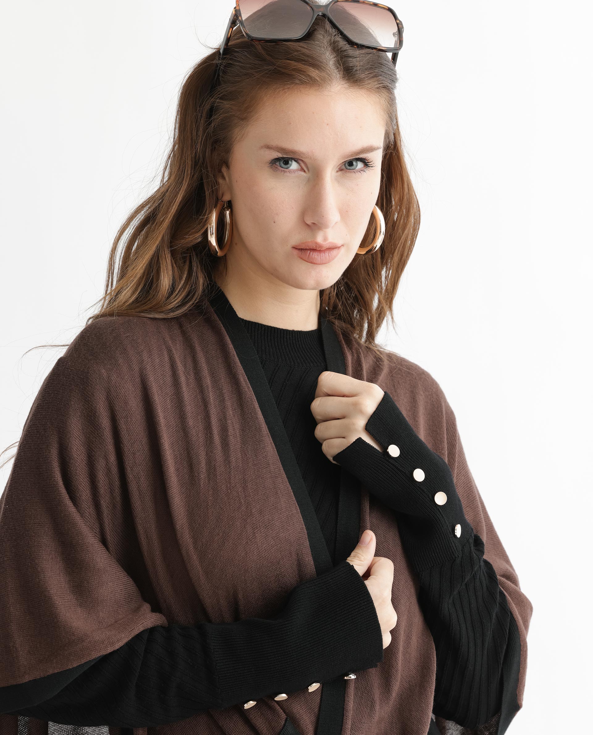 Rareism Women's Display Brown Viscose Collarless Plain Cape Sleeve Relaxed Fit Sweater