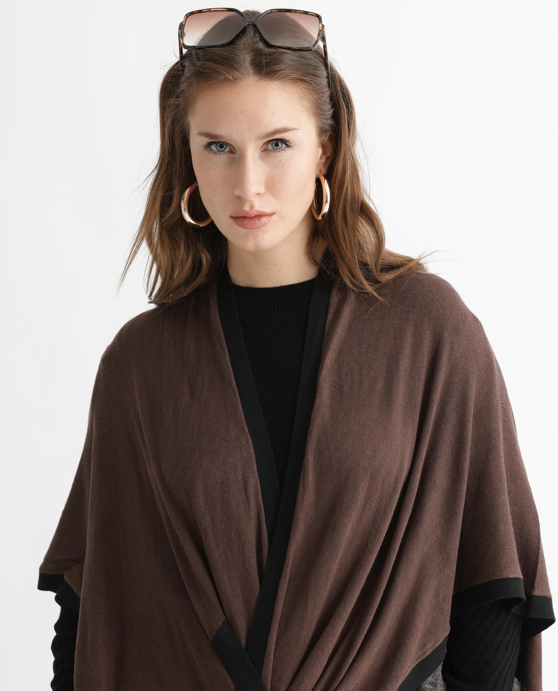 Rareism Women's Display Brown Viscose Collarless Plain Cape Sleeve Relaxed Fit Sweater