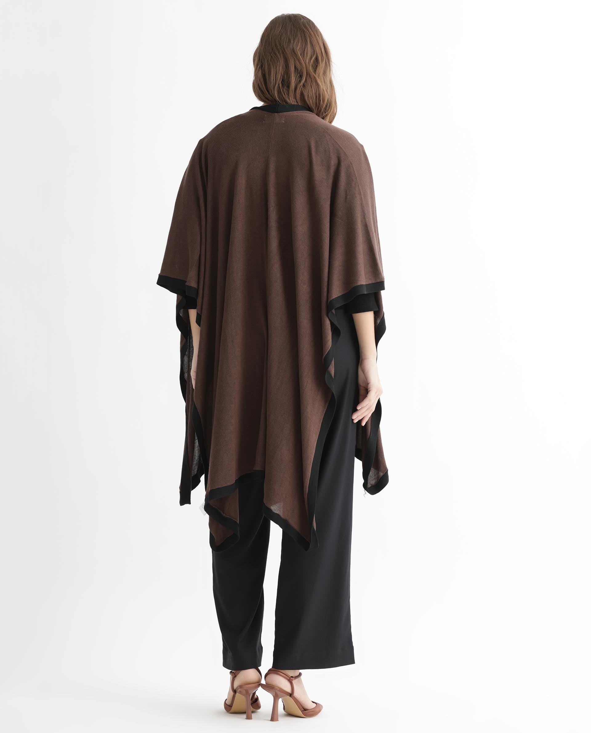 Rareism Women's Display Brown Viscose Collarless Plain Cape Sleeve Relaxed Fit Sweater